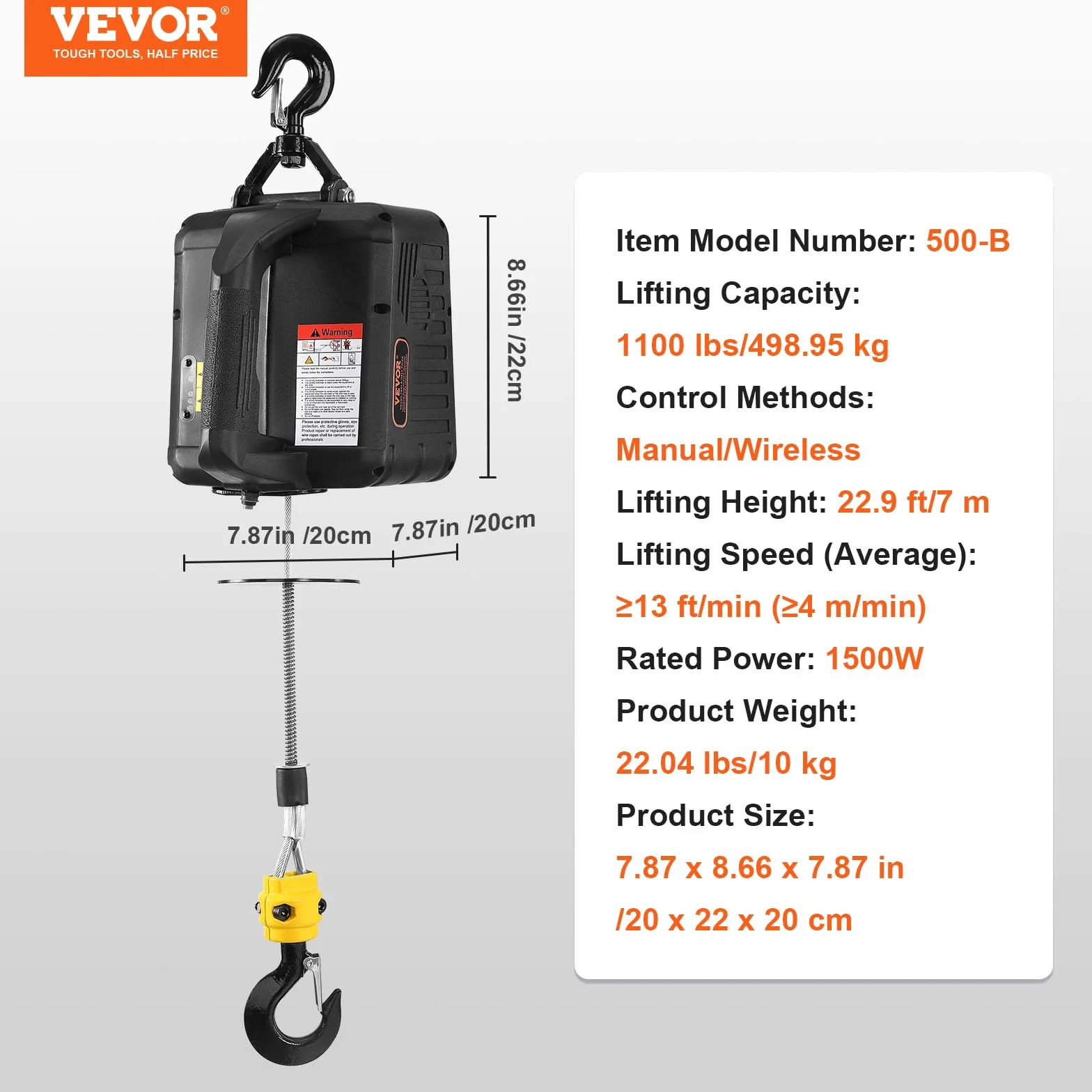 VEVOR Elektryczna wciągarka linowa 2 w 1, 498,95 kg, 1500 W, 7 m, prędkość podnoszenia 4 m/min, sterowanie ręczne/bezprzewodowe
