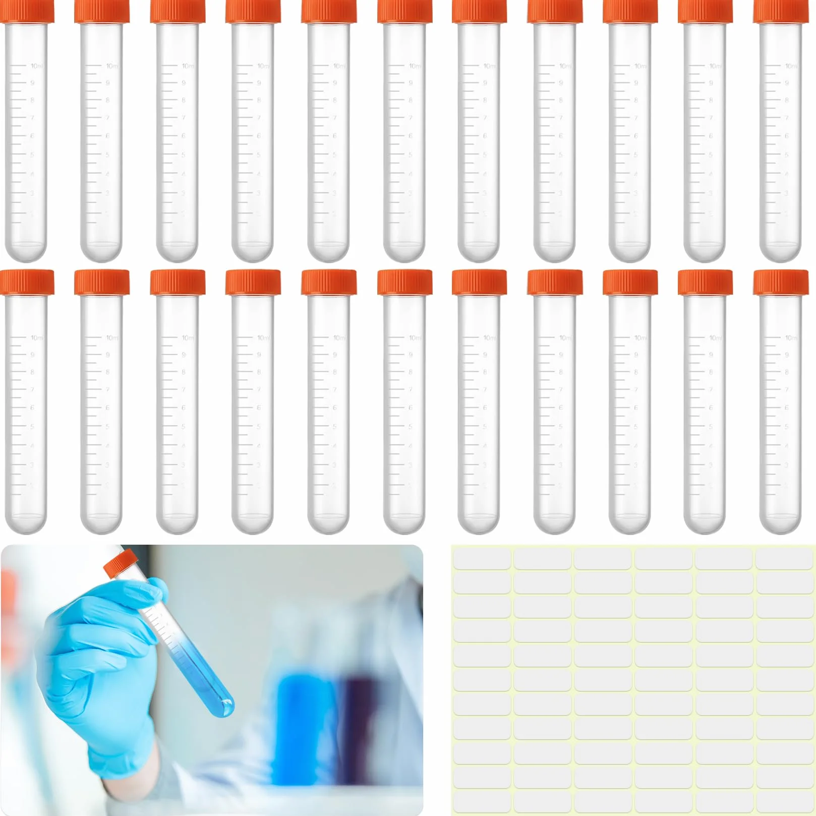 22 Sztuki Probówki 10ML z Pomarańczową Nakrętką, Plastikowe Probówki Wirówkowe, Przezroczyste Probówki Reakcyjne, Probówki na Próbki z Podziałką do Eksperymentów Laboratoryjnych