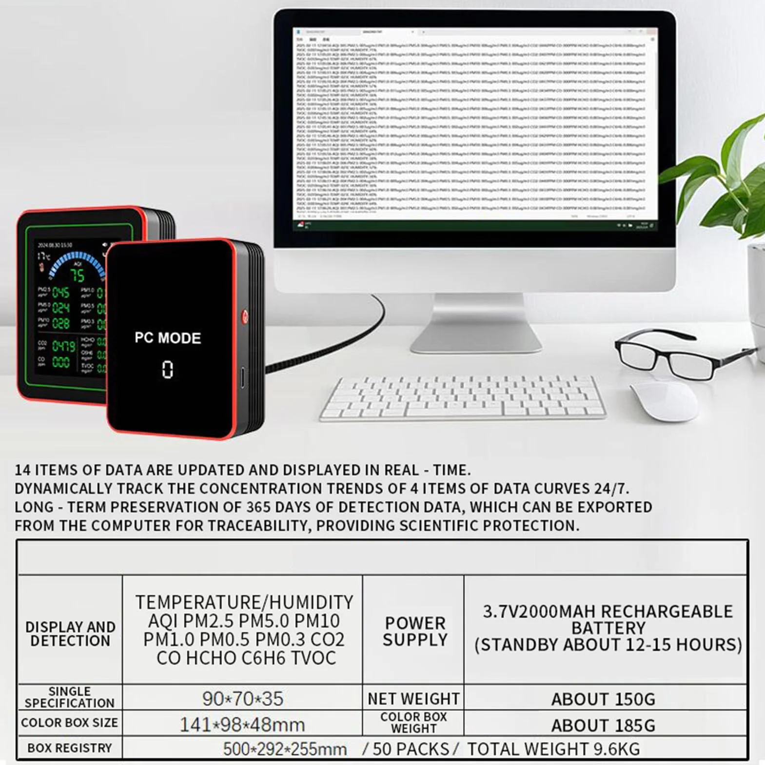 Miernik Jakości Powietrza 18 w 1 CO2 TVOC HCHO PM2.5 PM10 Temp Wilgotność Czarny