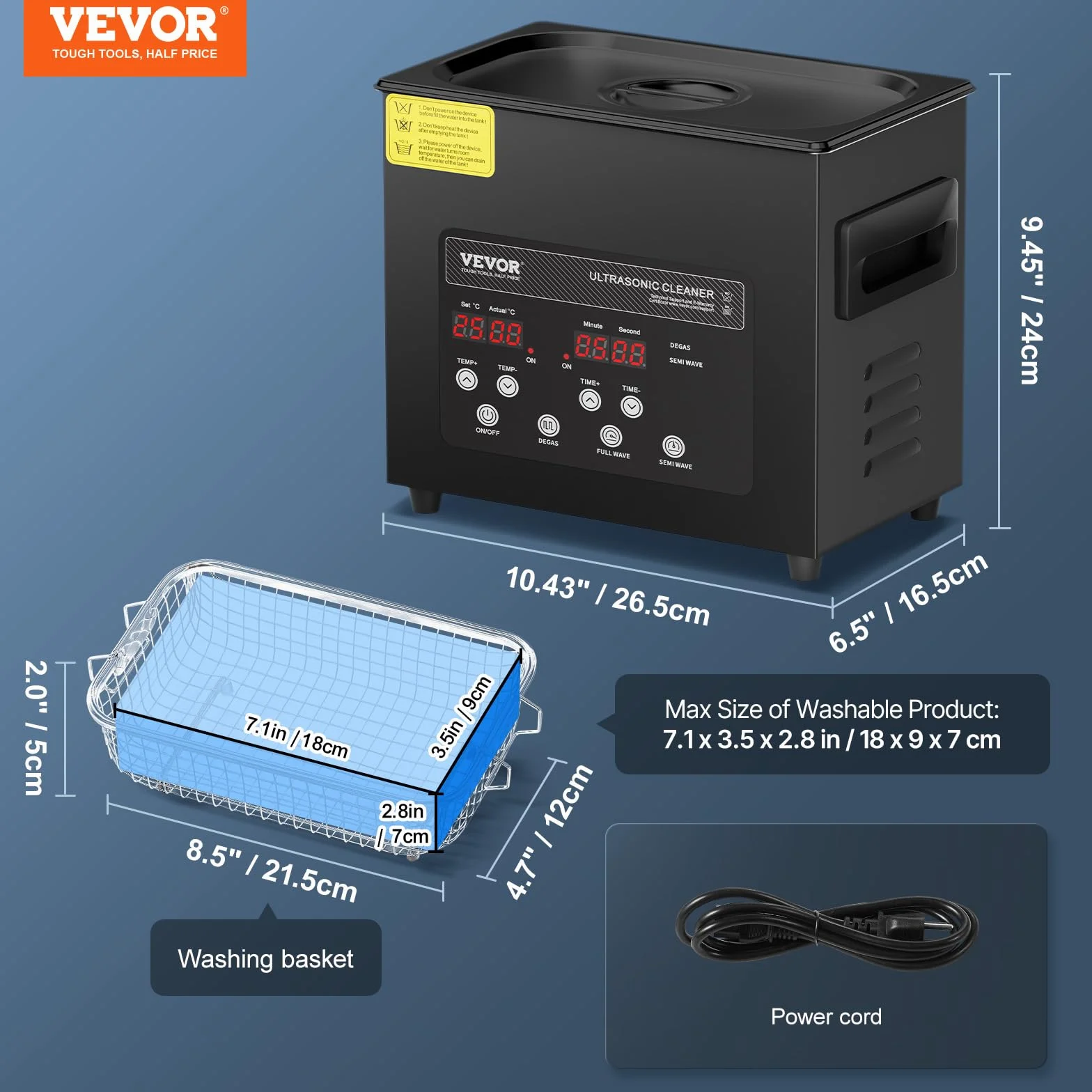 VEVOR Ultradźwiękowa cyfrowa myjka ultradźwiękowa 3 l 120 W, ulepszony tryb delikatny, przemysłowa myjka ultradźwiękowa 40 kHz z podgrzewaczem i zegarem do pojemników, biżuteria 265 x 165 x 240 mm