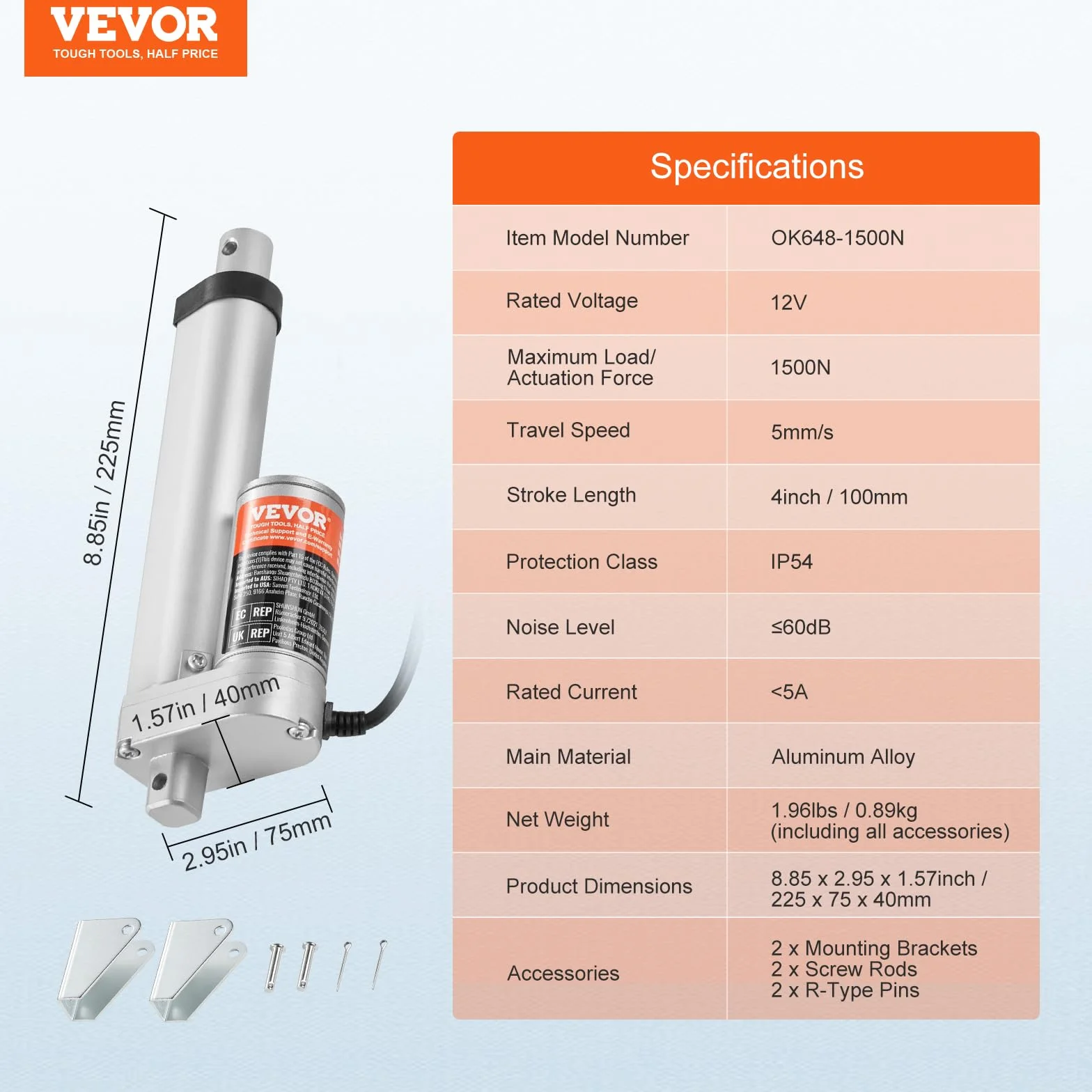 VEVOR Napęd Liniowy 1500N DC 12V IP54 Skok 100mm 5mm/s