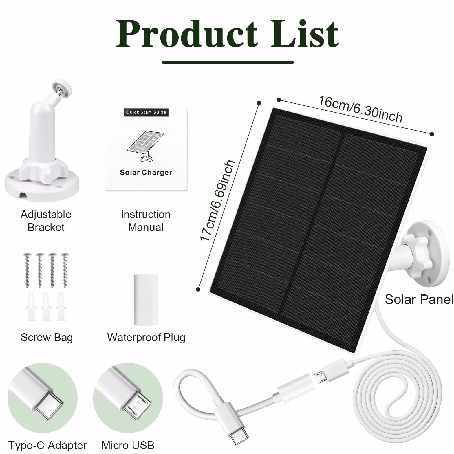 Panel słoneczny do kamery monitorującej na zewnątrz, moduł słoneczny do kamery 5 W z złączem micro USB i USB-C, panel słoneczny, uchwyt z regulacją 360°, kabel ładujący 9,8 ft, wodoodporność IP65