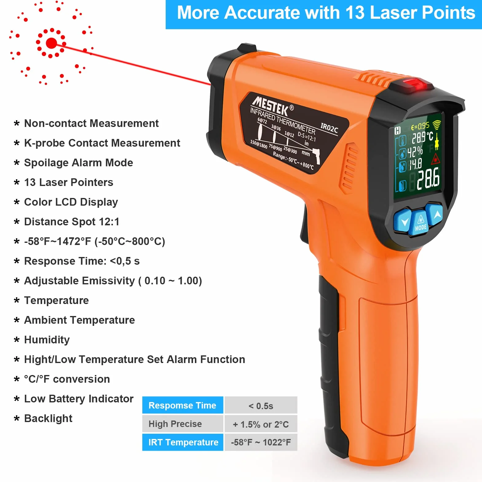MESTEK Termometr na Podczerwień -50°C~800°C Kolorowy Alarm LCD Regulowana Emisyjność