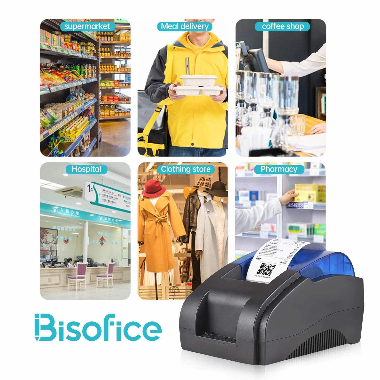 Bisofice Drukarka paragonowa 58 mm, drukarka paragonów, 1 rolka papieru, kompatybilna z systemem Windows/Linux/Android/iOS, obsługa poleceń ESC/POS