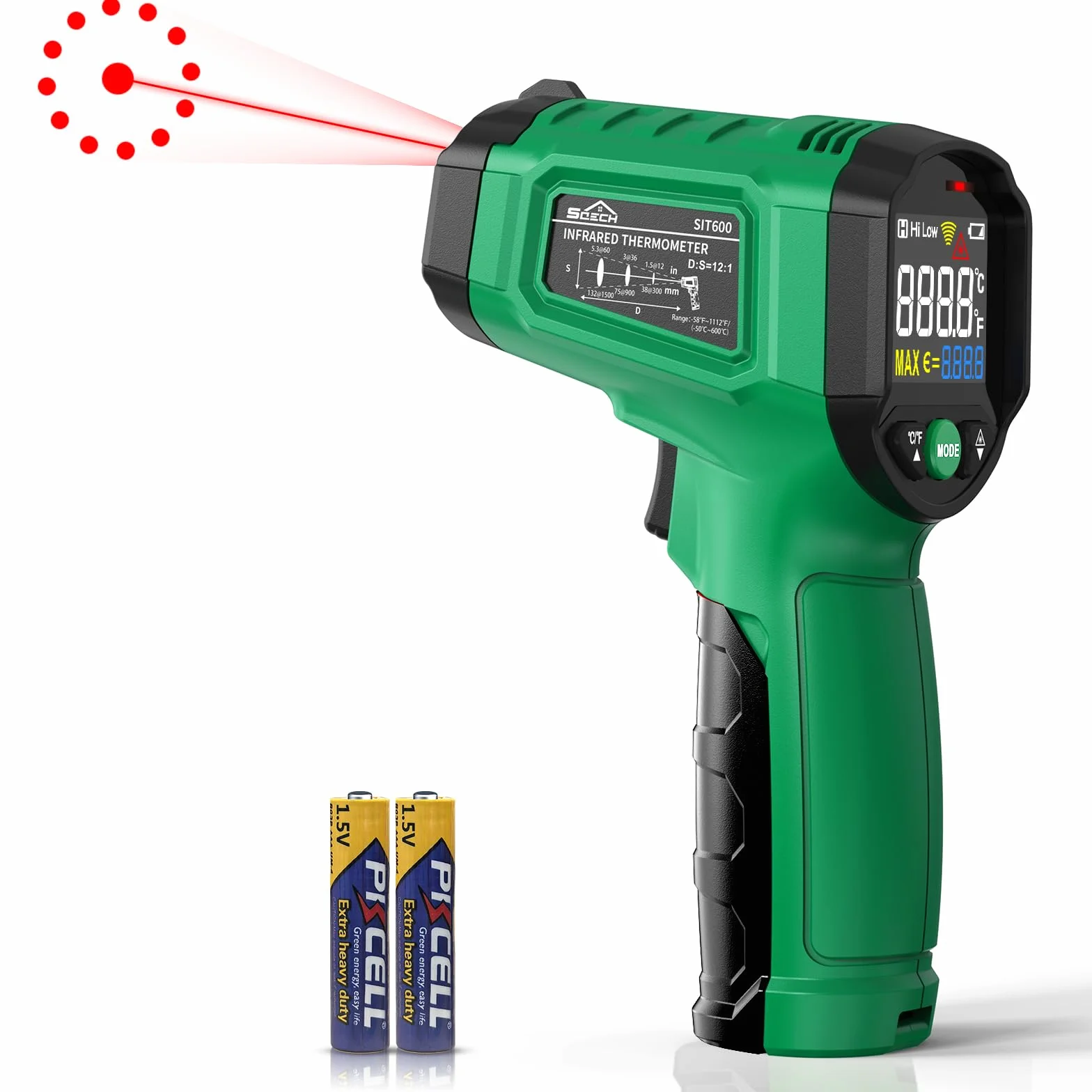 Termometr Na Podczerwień, SQECH Pistolet Z Termometrem Laserowym -50℃~600℃ (-58°F~1112°F), Pistolet Z Termometrem Na Podczerwień Z Kolorowym Podświetleniem, Odpowiedni Do Grillowania.(Zielony)