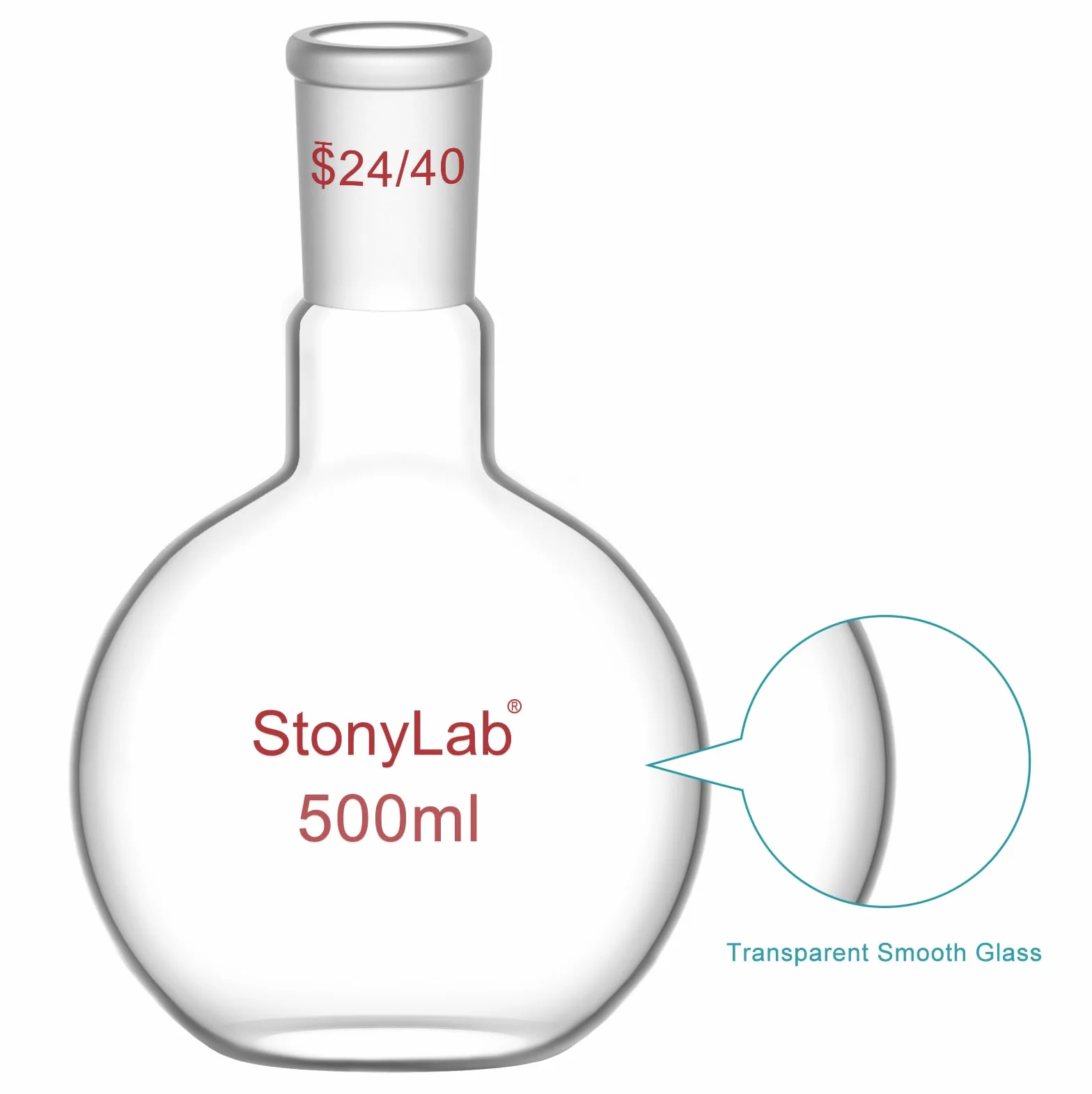 StonyLab 500ml Glas Einhals Flachboden Kochflasche mit 24/40 Standard Taper Outer Joint