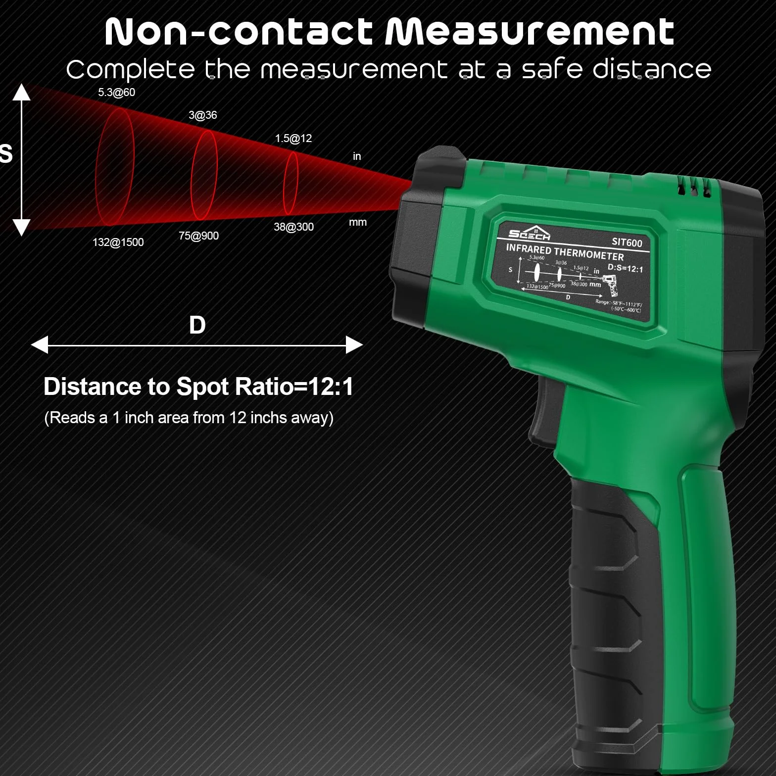 Termometr Na Podczerwień, SQECH Pistolet Z Termometrem Laserowym -50℃~600℃ (-58°F~1112°F), Pistolet Z Termometrem Na Podczerwień Z Kolorowym Podświetleniem, Odpowiedni Do Grillowania.(Zielony)