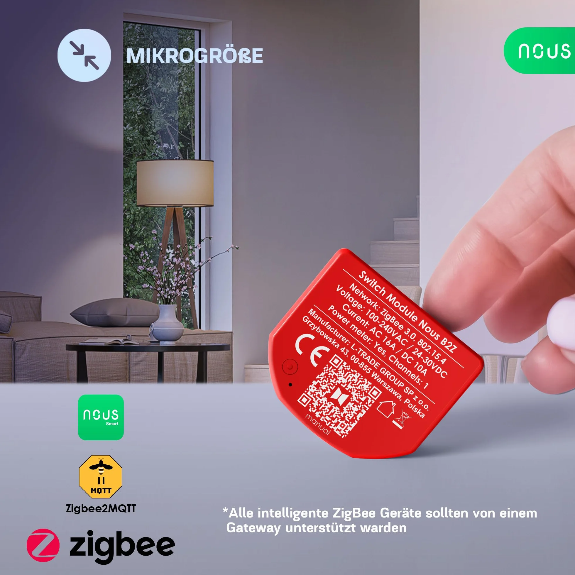NOUS ZigBee Smart Switch moduły z pomiarem mocy, 1 kanał, AC 16 A/DC 10 A, suche styki, wymagany koncentrator 3.0, kompatybilny z Alexa, Zigbee2MQTT, Google Assistant, Home Assistant, Tuya