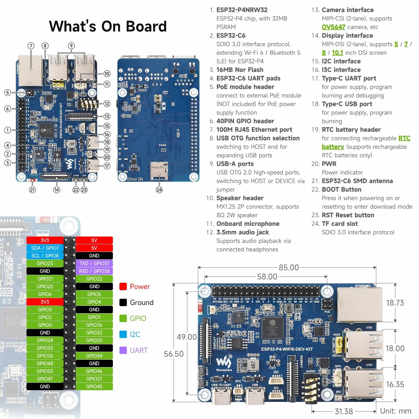 Waveshare ESP32-P4-WIFI6-DEV-KIT High-Performance Development Board, Based on ESP32-P4 & ESP32-C6, Supports Wi-Fi 6, BT 5 & BLE 5, Bundle with Board and Speaker