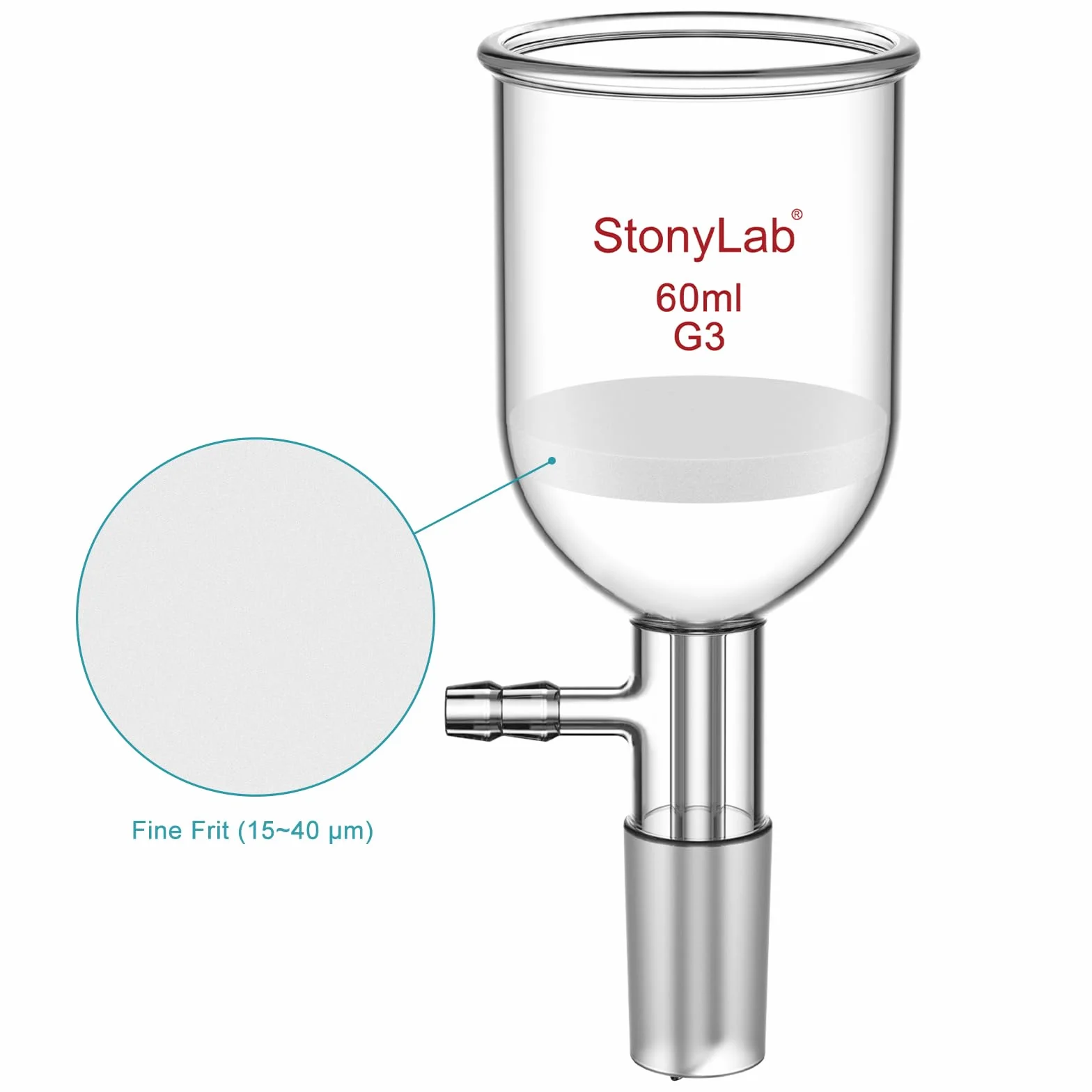 StonyLab Szklany lejek Buchner ze szkła borokrzemowego, próżniowy lejek filtrujący G3, średnica tarczy 46 mm, głębokość 60 mm, przegub 24/40, 60 ml