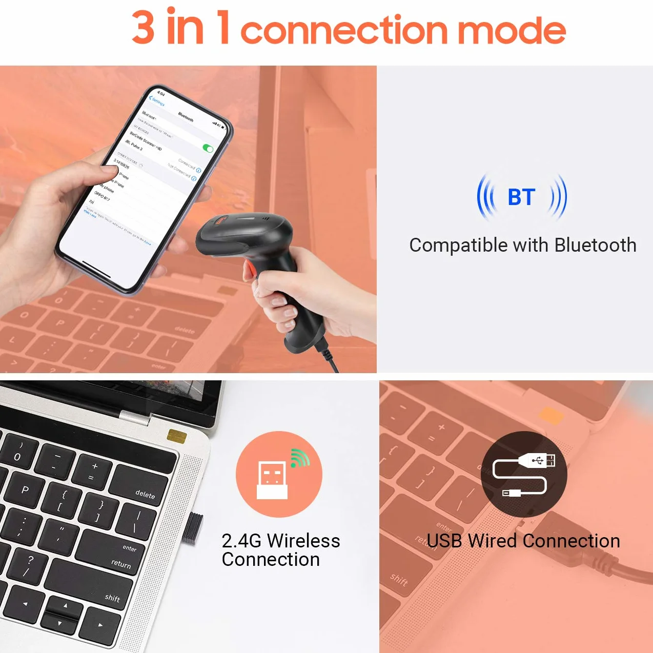 Tera Bezprzewodowy Skaner Kodów Kreskowych 2D 1D 3 w 1 2,4 GHz USB 2000 mAh