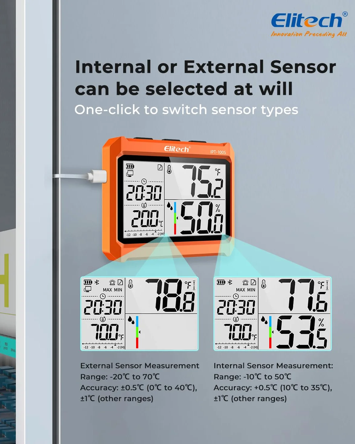 Elitech Cyfrowy termometr higrometrowy Bluetooth IPT-100S z zewnętrzną sondą rejestrator danych 5000 punktów