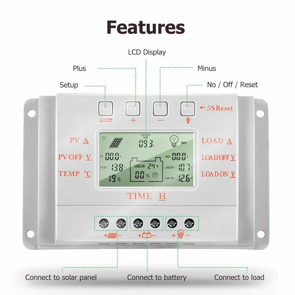 SolaMr 10A Solar Charge Controller 12V/24V Auto Identification Intelligent Regulator z wyświetlaczem LCD M10