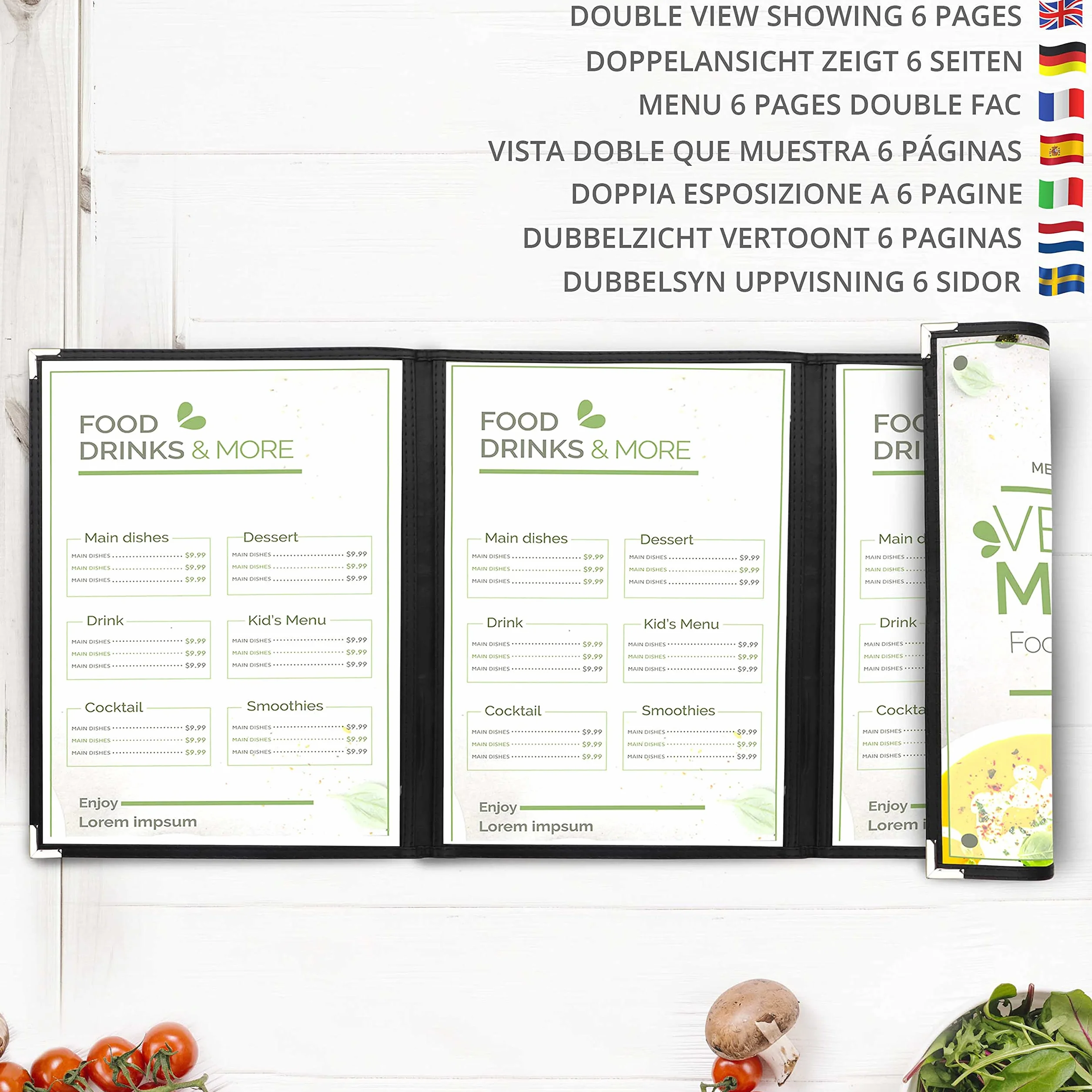 Kurtzy Potrójnie składane okładki na menu A5 (10 sztuk) - 3 składane podwójne uchwyty na menu w stylu amerykańskim - czarne potrójnie przezroczyste okładki menu z ochraniaczami narożnymi - do restauracji, barów, kawiarni, jedzenia i napojów