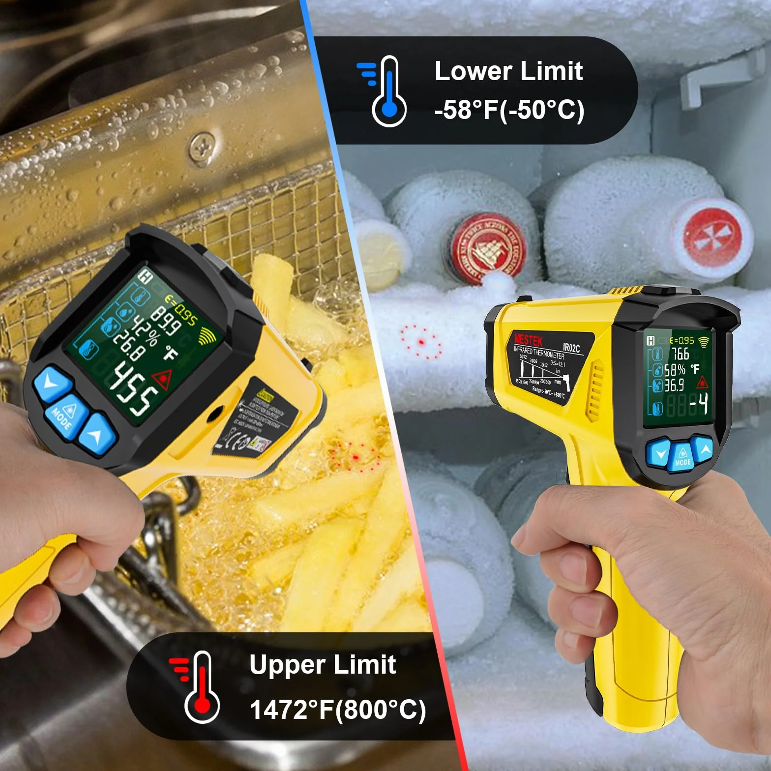 MESTEK Termometr na Podczerwie¨½ Pistolet Cyfrowy Laserowy Temperaturowy z K-Sond? 50¡æ~800¡æ Bezdotykowy Kolorowy Ekran LCD Wilgotno?? Gotowanie Piekarnik Grillowania Pizza