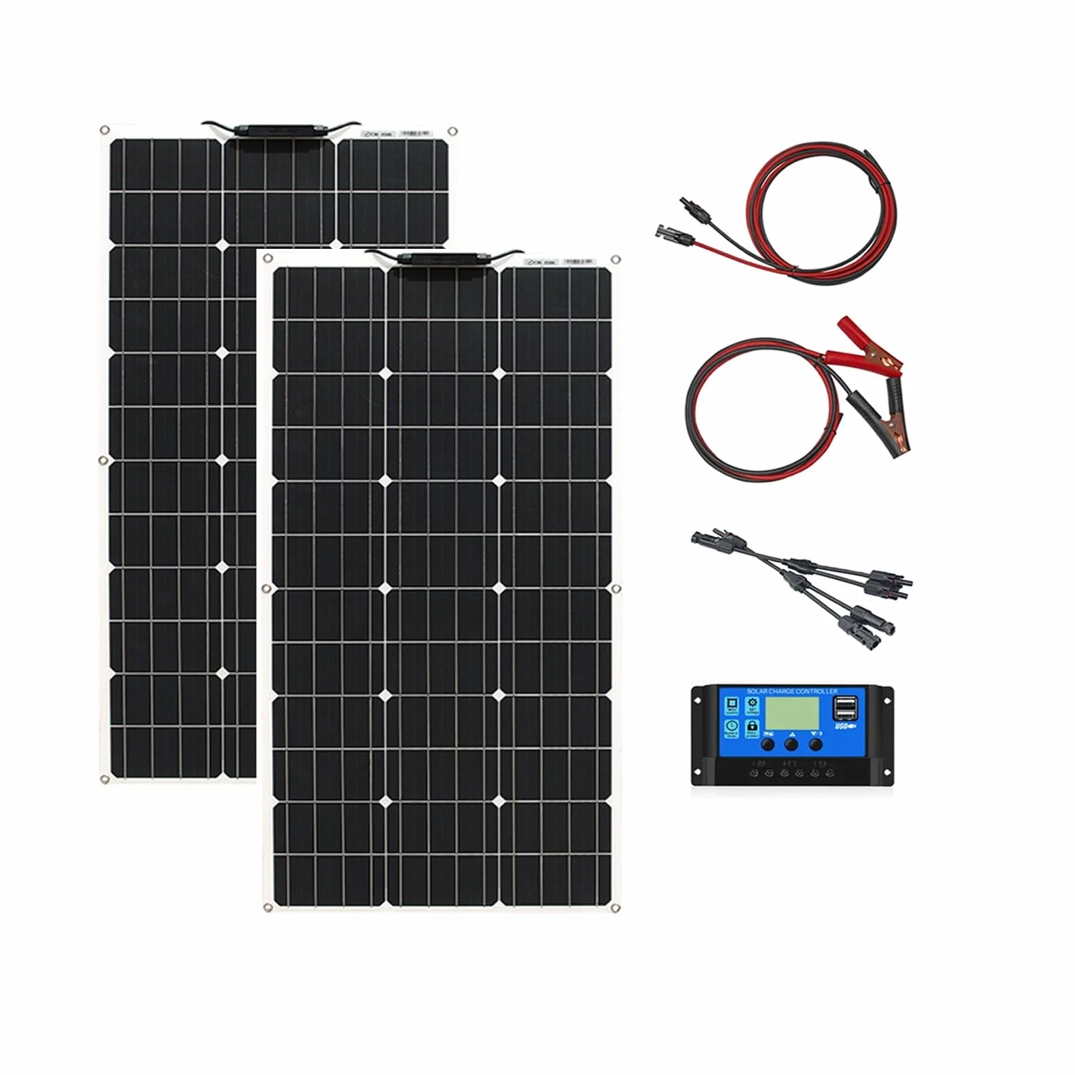 200W 12V zestaw elastyczny panel słoneczny 2x100W monokrystaliczny moduł fotowoltaiczny, kontroler ładowania 20A, do RV, przyczepy kempingowej, samochodu, łodzi, 12/24v akumulatora