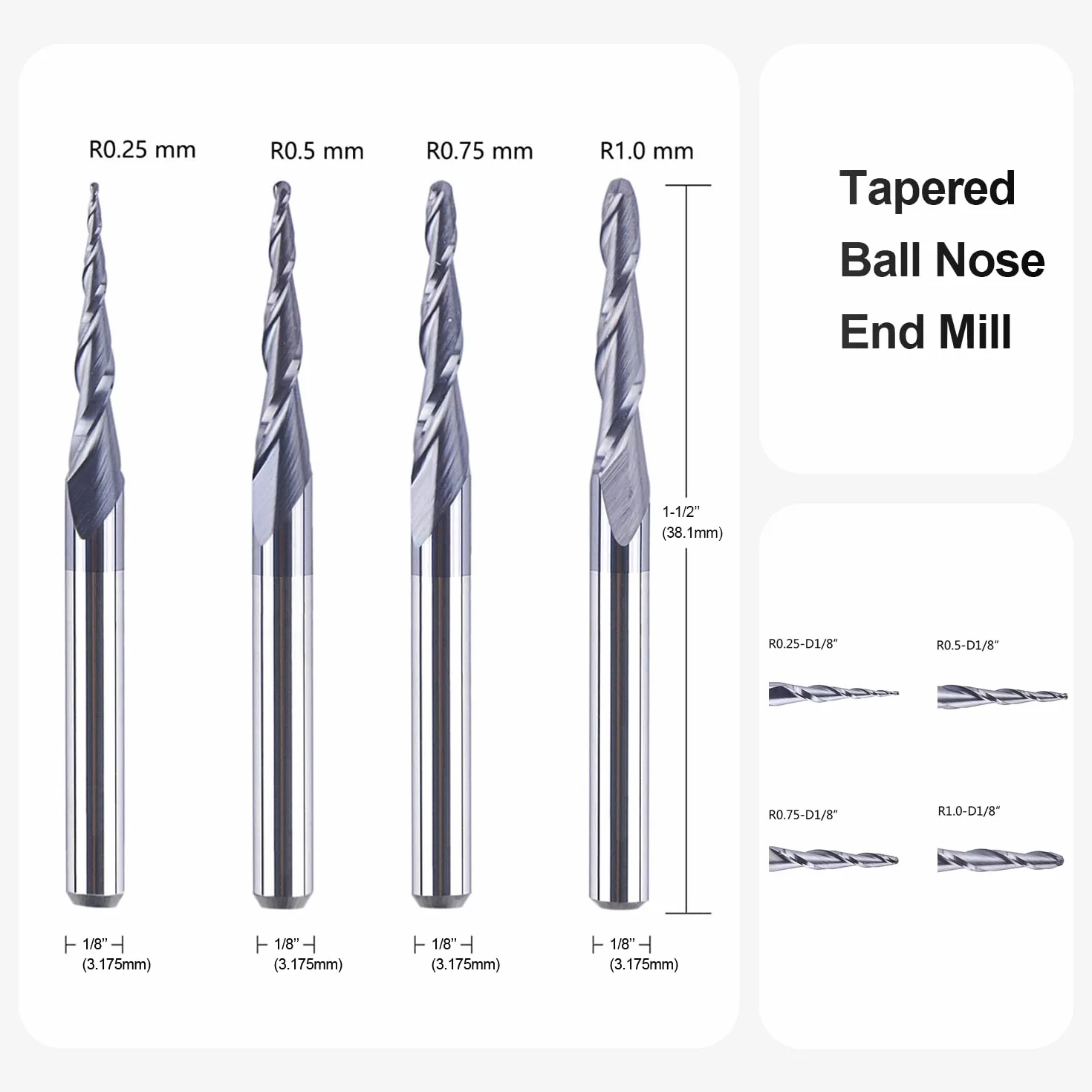 SpeTool 4-Częściowy Frez Kulisty z 2 Ostrzami i Końcówką Stożkową, CNC R0,25 mm-1,0 mm, Pełnowęglikowy z Chwytem 3,175 mm (1/8") z Powłoką TiAlN do Grawerowania 2D i 3D