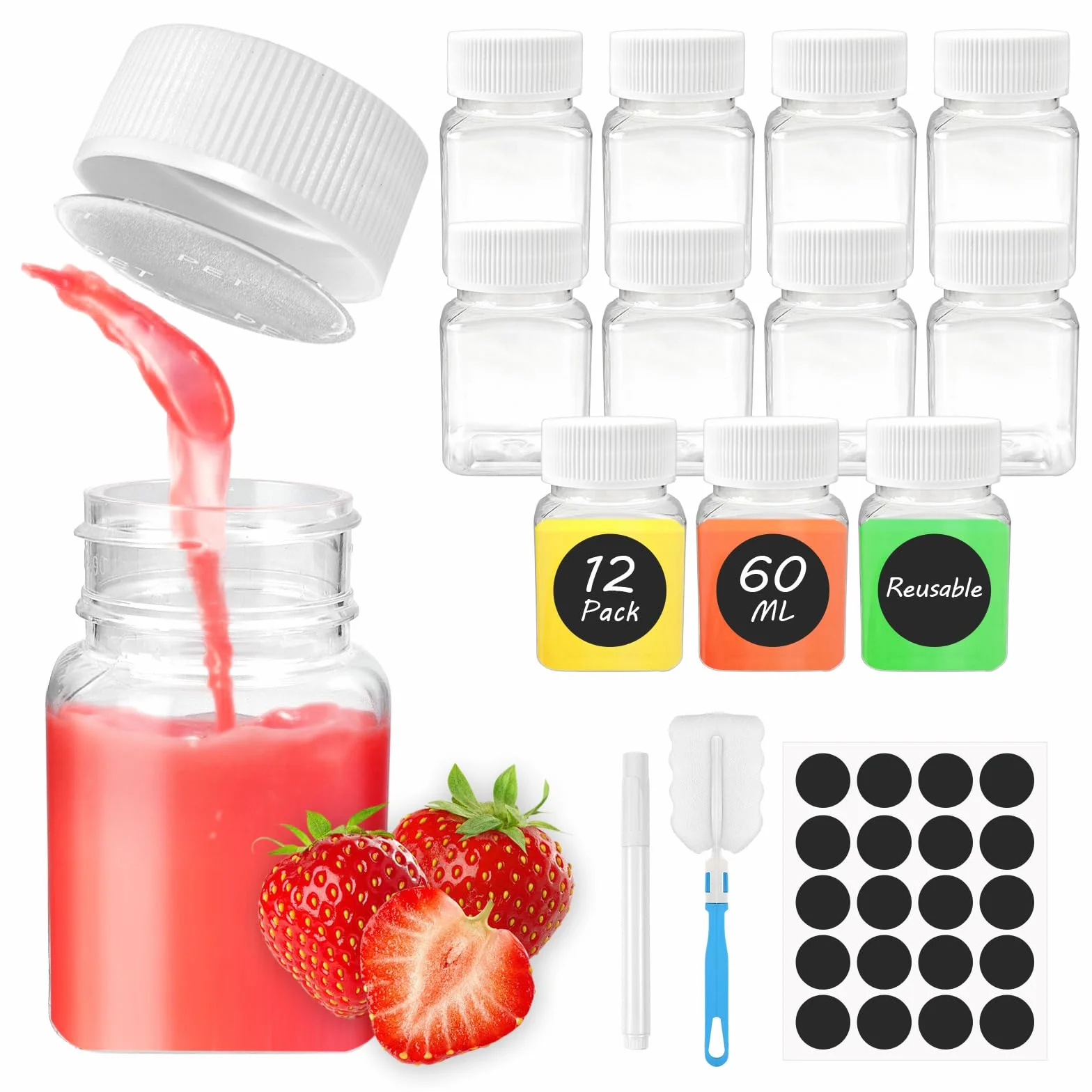 12 szt. małych butelek do shot do napełniania, 60 ml/100 ml, puste plastikowe butelki do smoothie, do napełniania, z naklejką, butelki na imbir, shot, z pokrywką, do soku, mleka (60 ml)