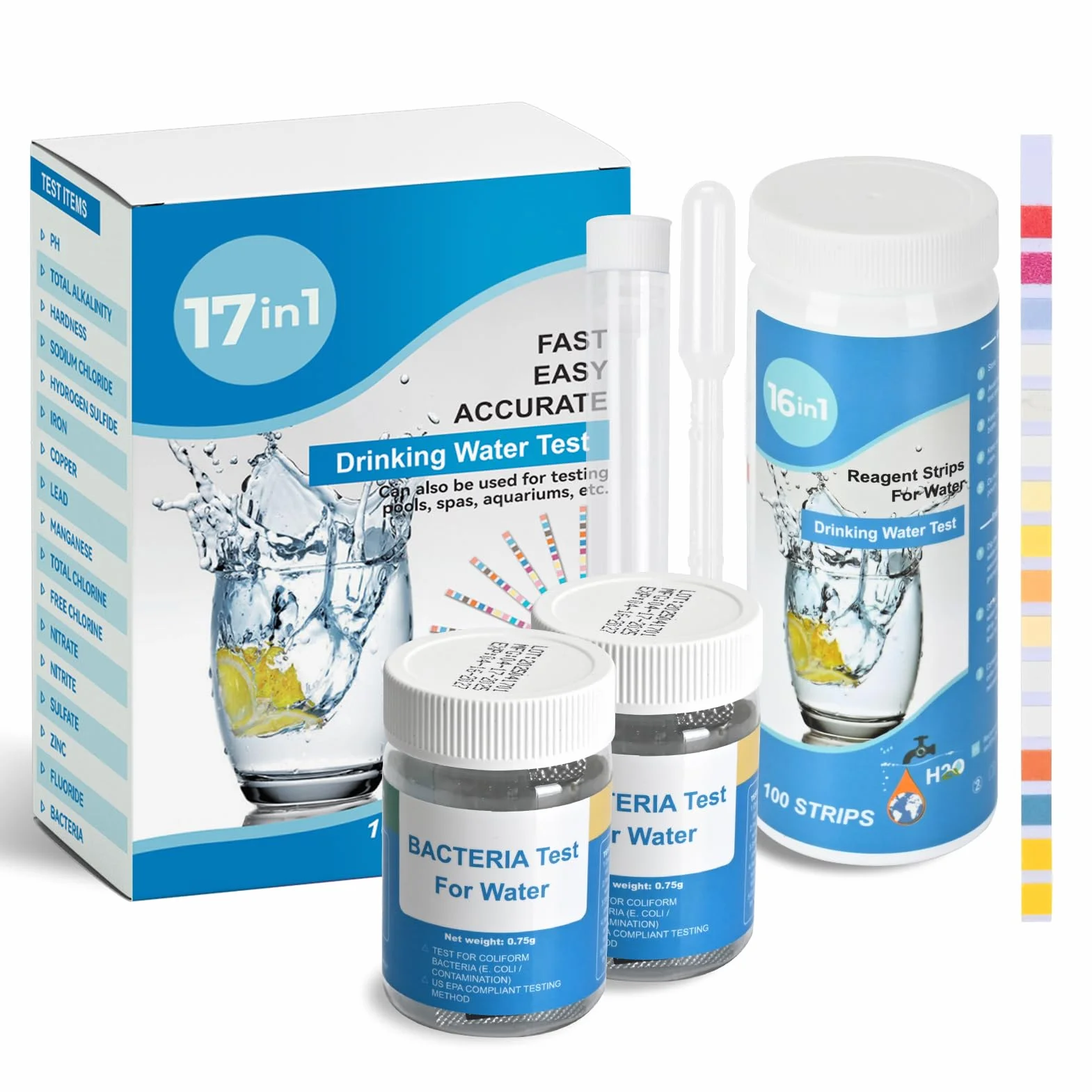 Zestaw pasków testowych do wody pitnej 17 w 1 (100 pasków), test pH, twardość, chlor, fluor