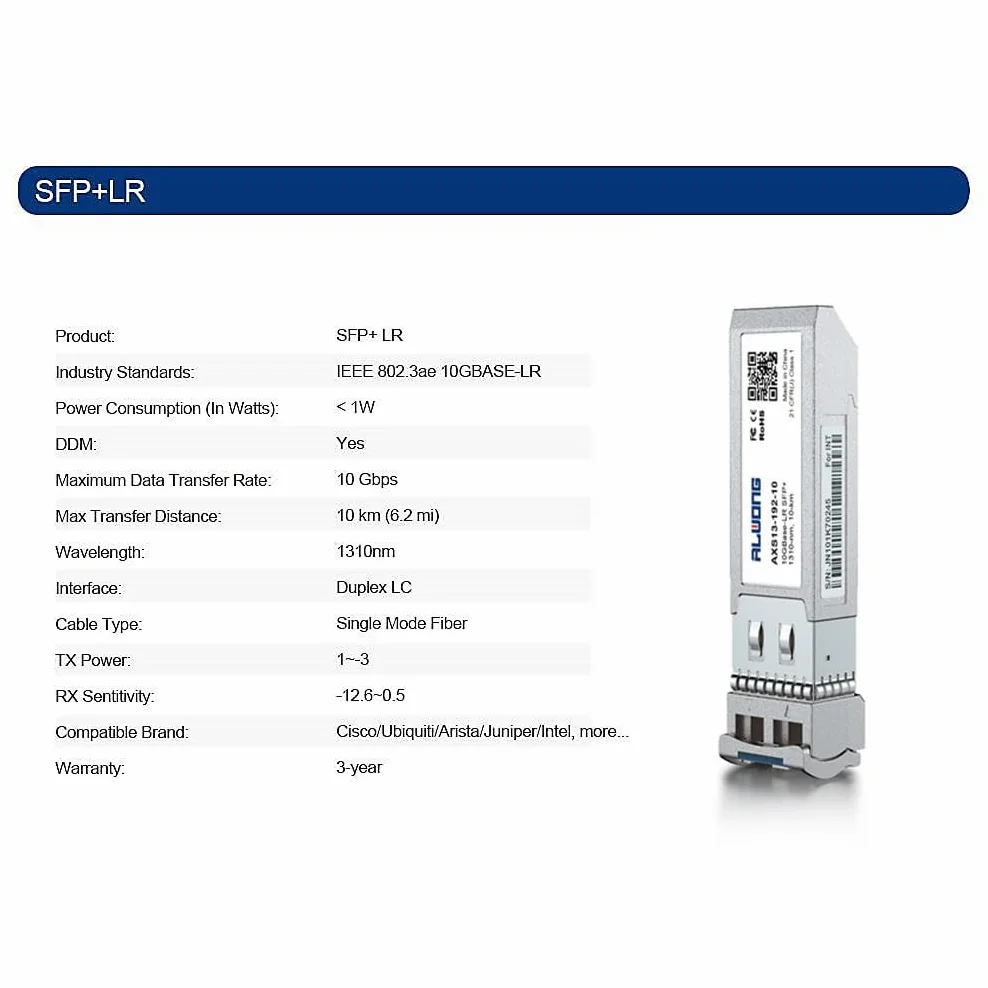 [2 sztuki] Transceiver 10GBase-LR SFP+, moduł 10G Singlemode Duplex LC, SMF 1310 nm do 10 km, kompatybilny z Cisco SFP-10G-LR, Ubiquiti UF-SM-10G, Meraki, Mikrotik, Supermicro, Netgear
