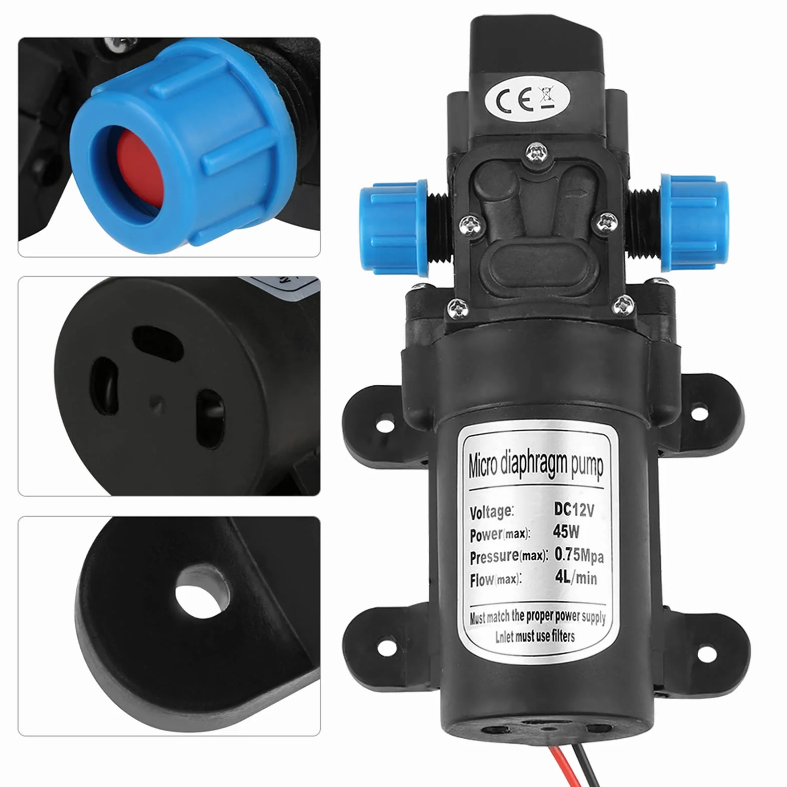 Membranowa Pompa Wodna 12 V, 12 V Pompa Membranowa Mini Pompa Samozasysająca DC 45 W Przenośna, Cicha Praca, Przepływ 4 L/min, Czarna z Przemysłowymi Pompami Membranowymi