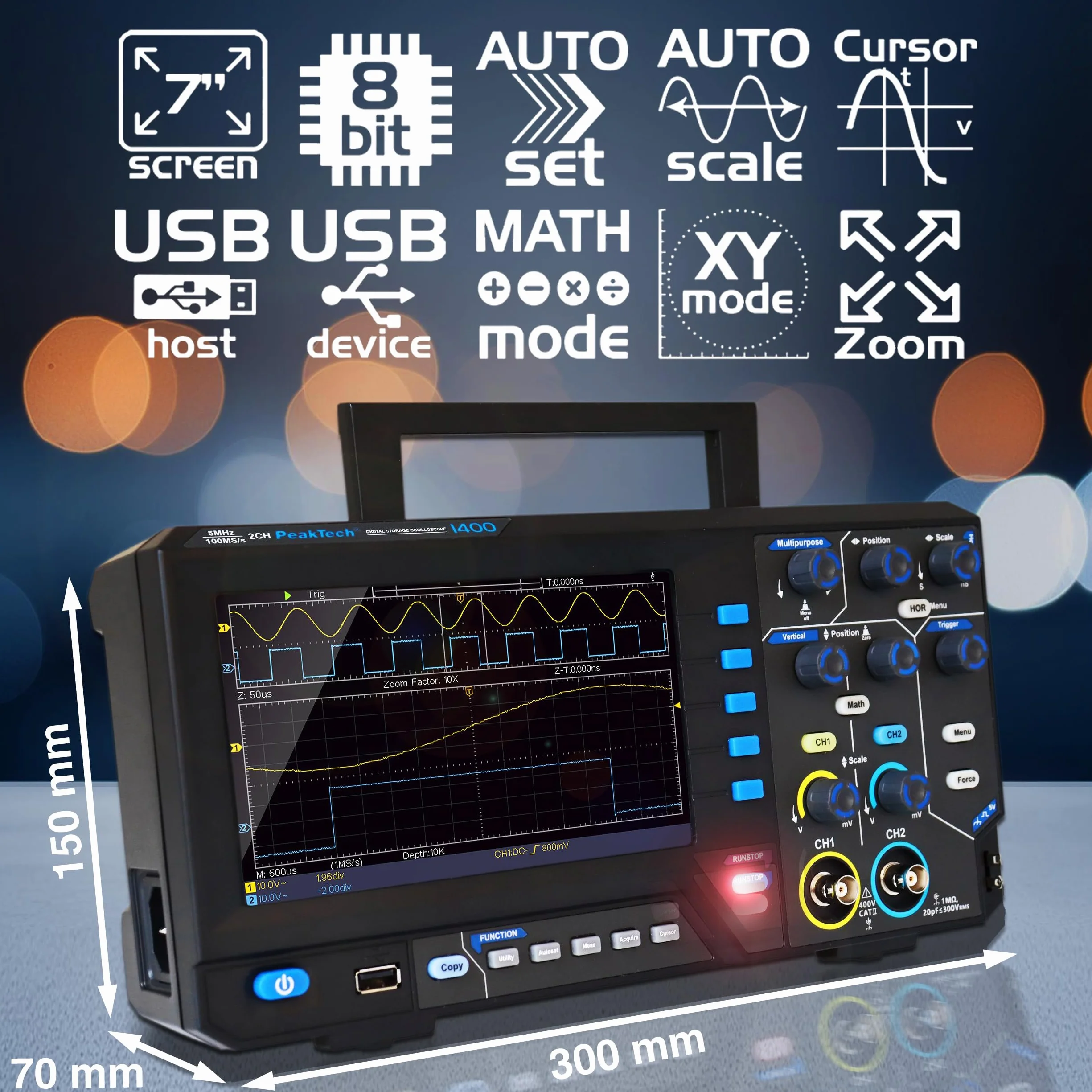 PeakTech 1400 Kompaktowy oscyloskop cyfrowy 2-kanałowy 5 MHz 100 MS/s USB