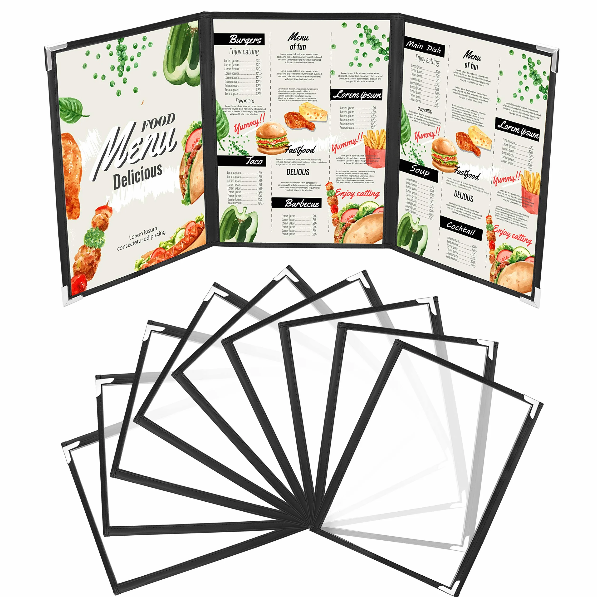 Kurtzy 3-Częściowa Składana Okładka Menu A4 (10 Sztuk) – Okładka Menu 3-Częściowa w Stylu Amerykańskim Przezroczysta – Czarna Okładka 3-Częściowa Menu z Zabezpieczonymi Rogami – Do Restauracji, Barów
