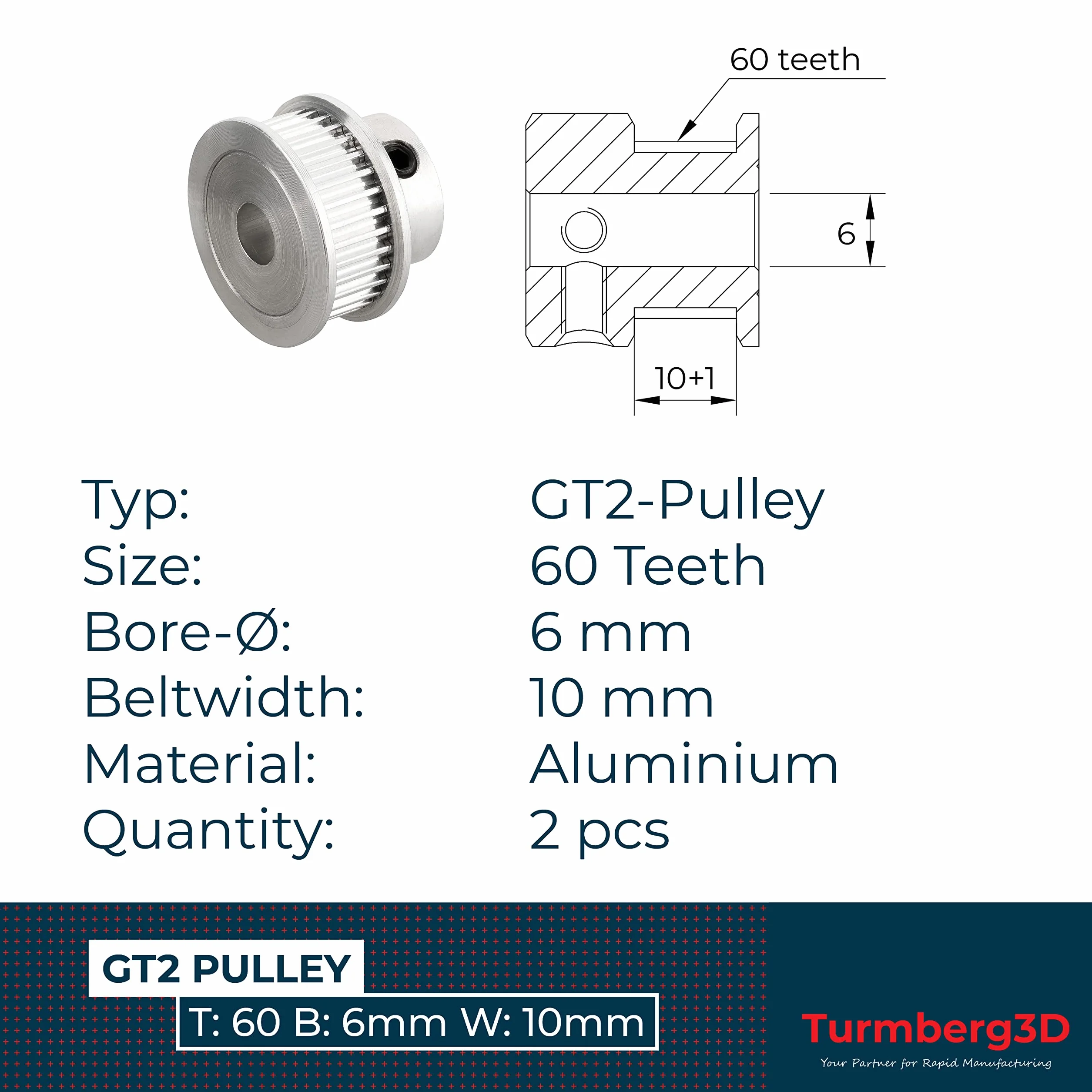 2 x GT2 koła paska rozrządu/napęd Pulley - szerokość 10 mm - 60 zębów - średnica otworu: 6 mm