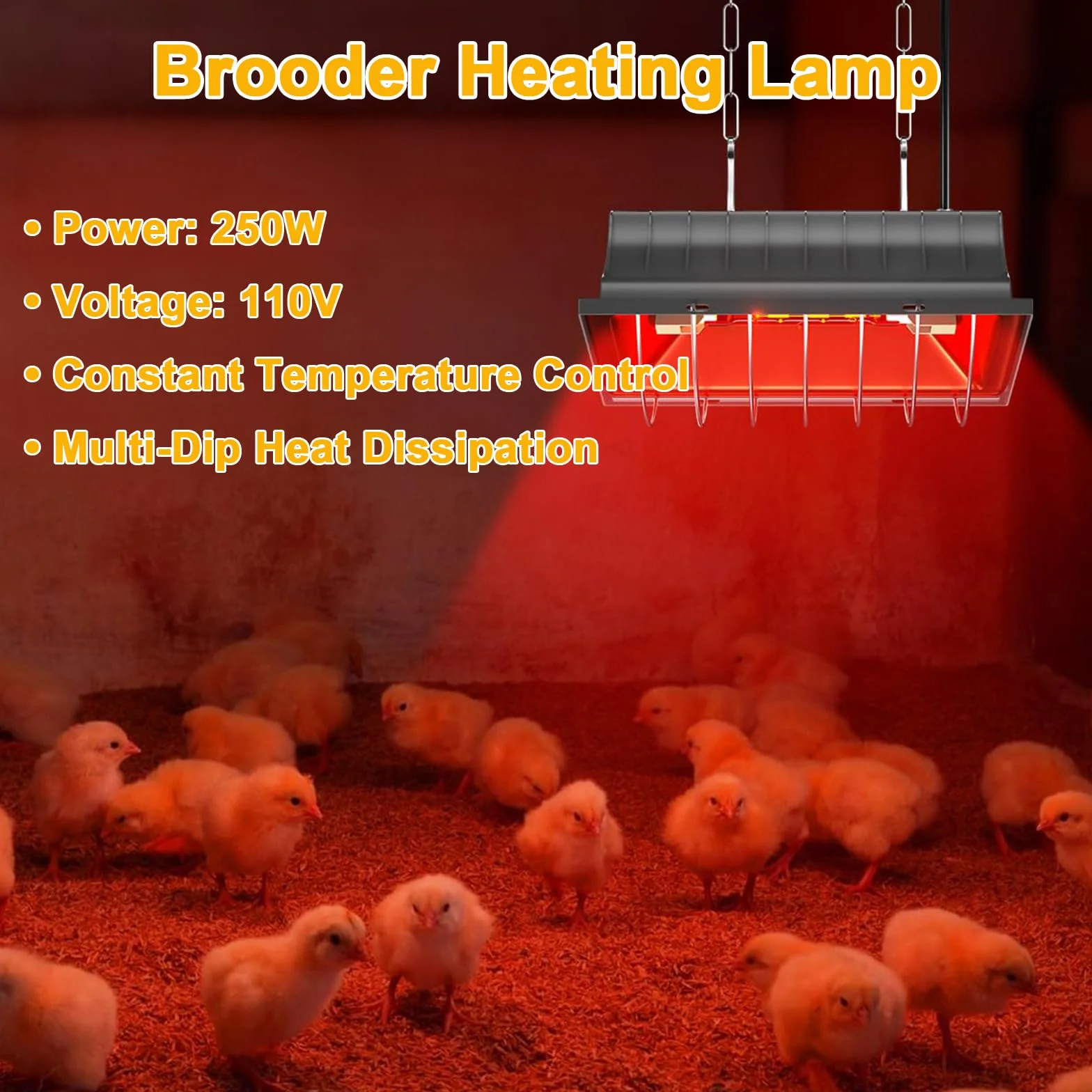 Czerwona lampa ciepła dla piskląt, 250 W, wodoszczelna lampa grzewcza, dla kurników, dla zwierząt, promiennik ciepła z przełącznikiem oszczędnościowym, regulowany łańcuch do zawieszania dla