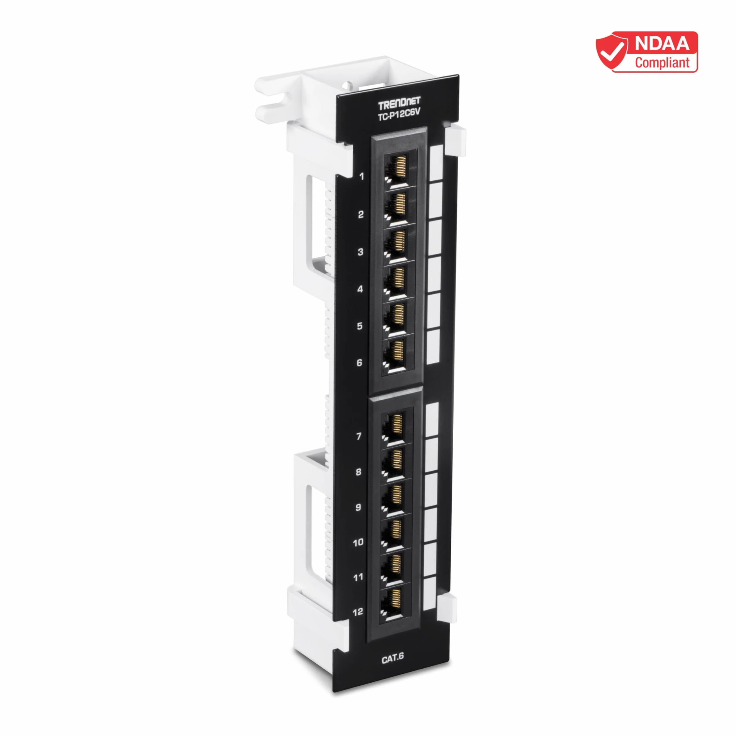 TRENDnet 12-portowy nieekranowany panel krosowy Cat6, TC-P12C6V, uchwyt ścienny, w zestawie wspornik 89D, instalacja pionowa lub pozioma, kompatybilny z okablowaniem Cat5e i Cat6 RJ45, 110 bloków