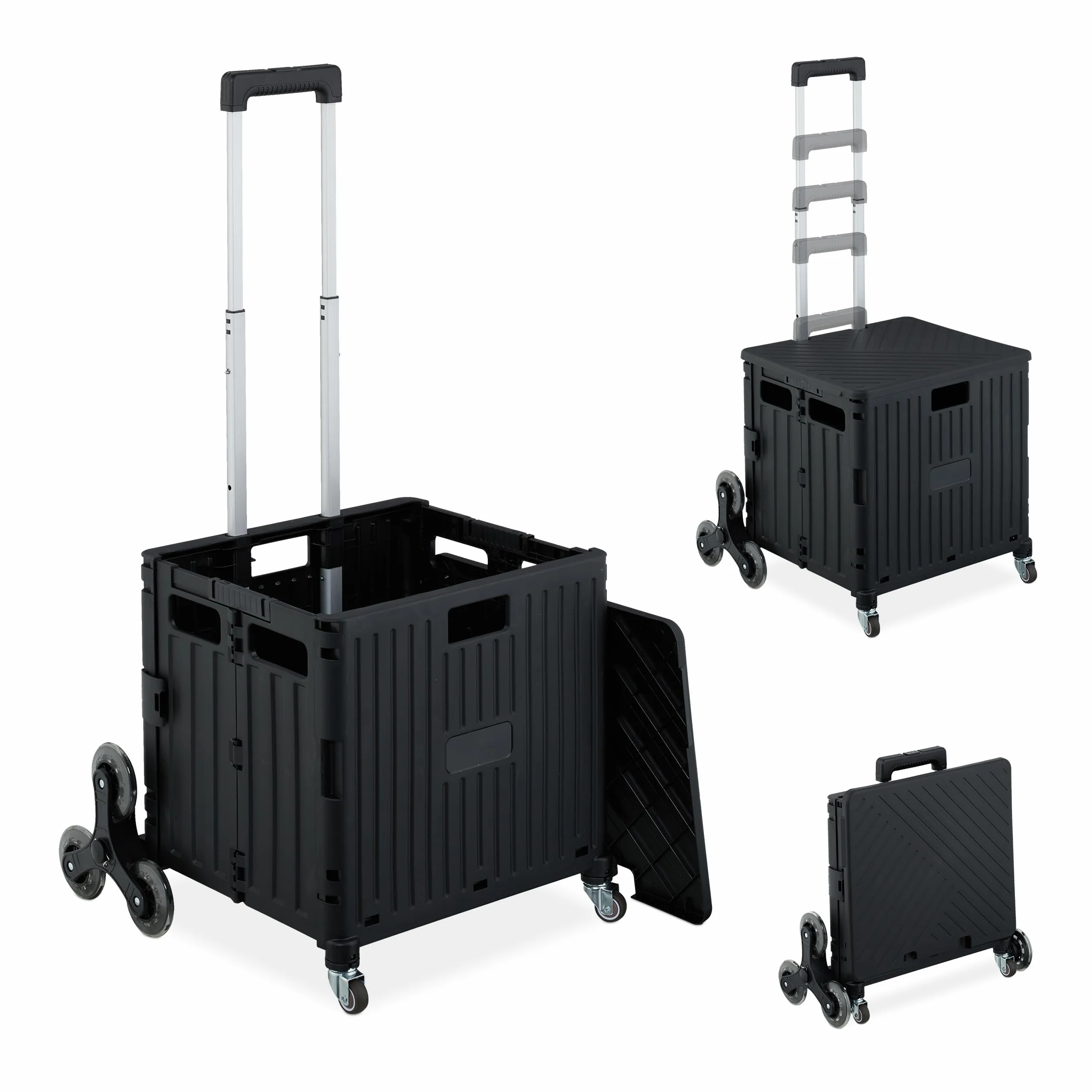 Relaxdays Wózek na zakupy, do wchodzenia po schodach, składany, kosz na zakupy z rolkami, pokrywka, uchwyt teleskopowy, do 35 kg, czarny, 1 sztuka