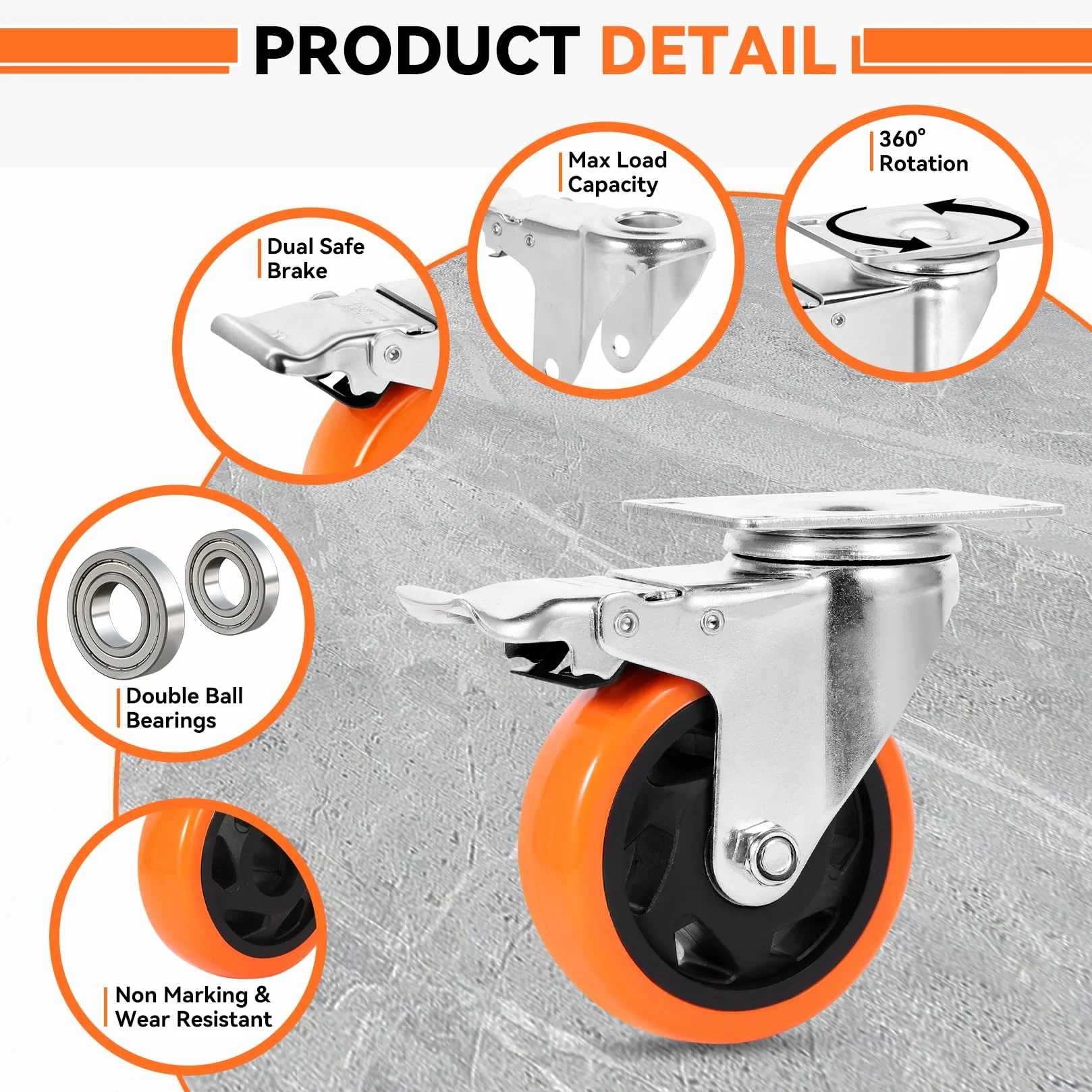 W B D WEIBIDA Caster Wheels Heavy Duty 4-calowe z udźwigiem 1200 funtów i podwójną blokadą, bezgłośne kółka poliuretanowe i wytrzymałe kółka z grubej stali do wózków, mebli, sprzętu, zestaw 4 szt