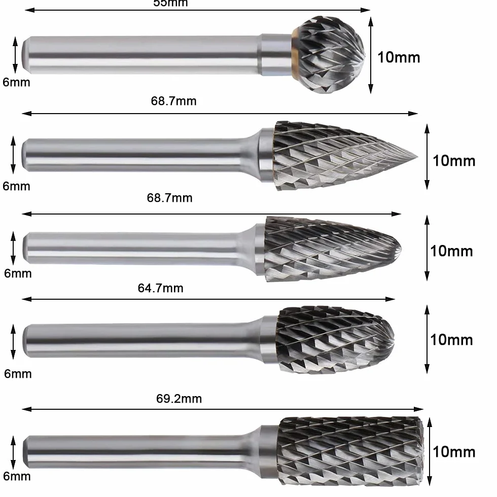 Wiertarka 5szt Frez Metal Ołówki Zestaw Diamentowe Frezy Rotary Plik Wolfram Stal Narzędzia Obrotowy Burr 6x10mm