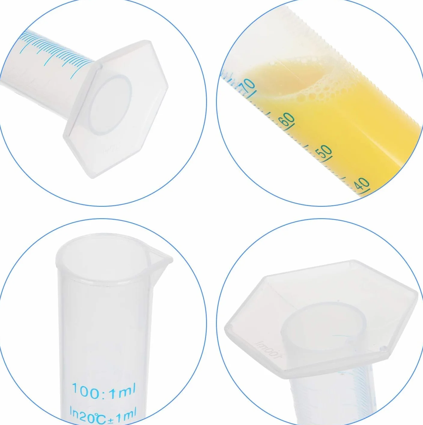 LATRAT Plastikowy zestaw 4 cylindrów ze skalą 10/25/50/100 ml do laboratoriów naukowych chemia narzędzia pomiarowe kuchnia