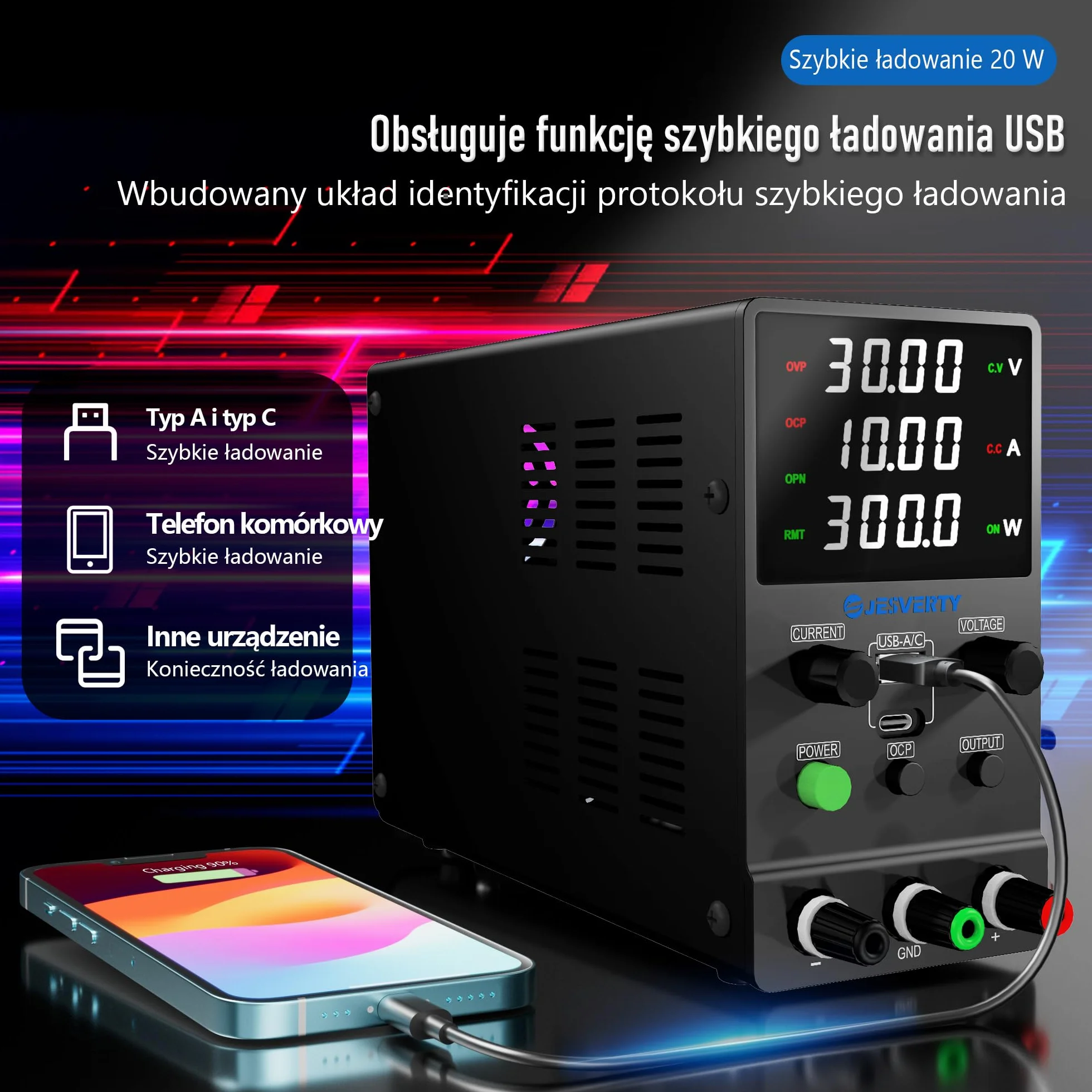 Zmienny zasilacz DC, 0-30V 0-10A Regulowany przełączany zasilacz stołowy z regulacją DC z szybkim ładowaniem USB i typem C, pokrętło enkodera, włącznik/wyłącznik wyjścia, 4-cyfrowy wyświetlacz LED