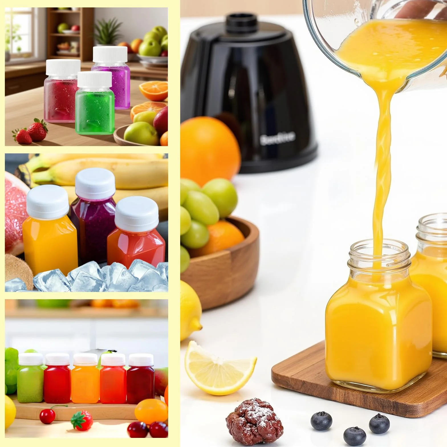 12 szt. małych butelek do shot do napełniania, 60 ml/100 ml, puste plastikowe butelki do smoothie, do napełniania, z naklejką, butelki na imbir, shot, z pokrywką, do soku, mleka (60 ml)
