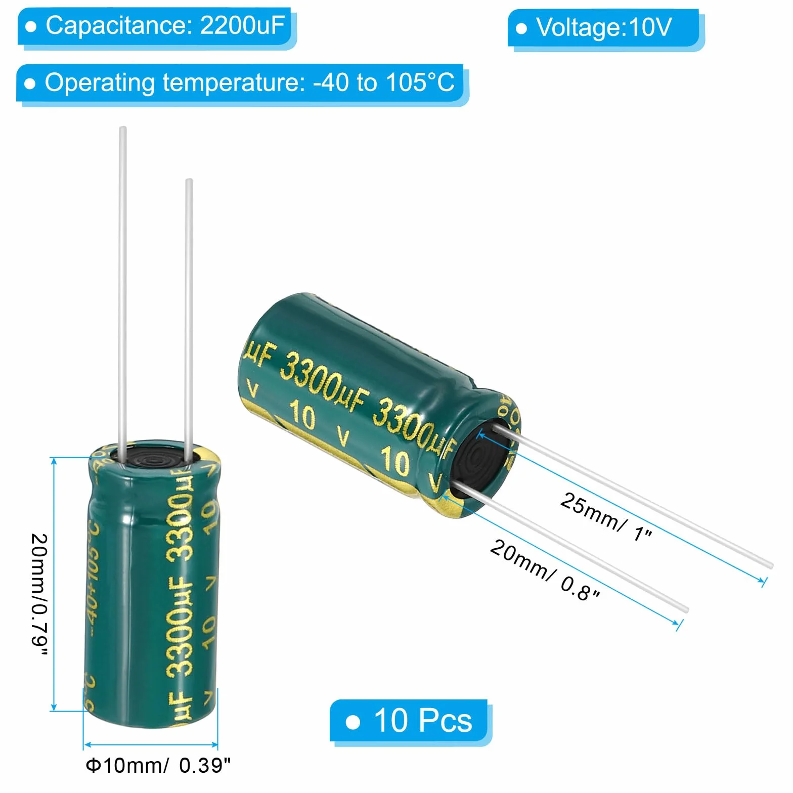 PATIKIL Kondensatory elektrolityczne 10V 3300uF, 10 sztuk 10x20mm Aluminiowe kondensatory elektrolityczne wysokiej częstotliwości do telewizora, monitora LCD, lodówki, płyty obwodu, zielony