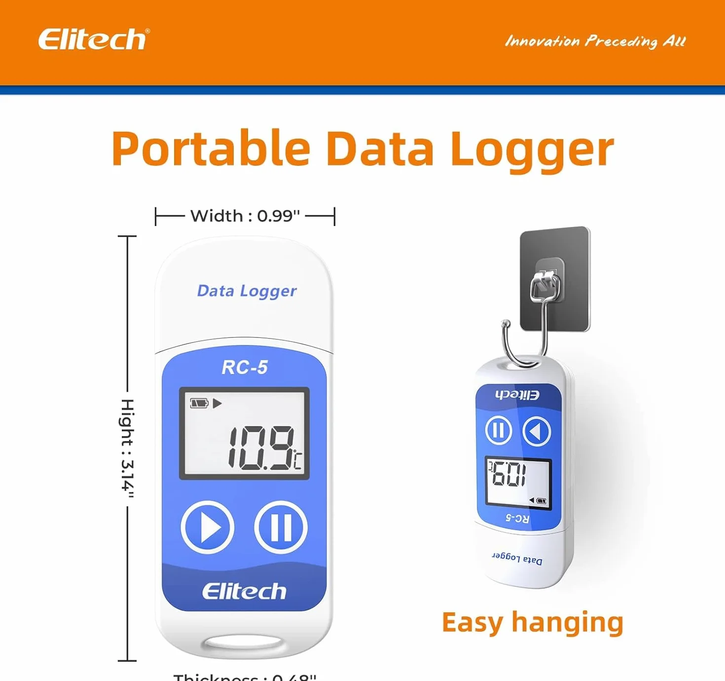 Elitech Rejestrator danych temperatury RC-5, mini USB, czujnik temperatury wewnętrzny, raporty PDF, wysoka dokładność, rejestrator danych, 32000 punktów, wodoszczelny zgodnie z IP67, do magazynów