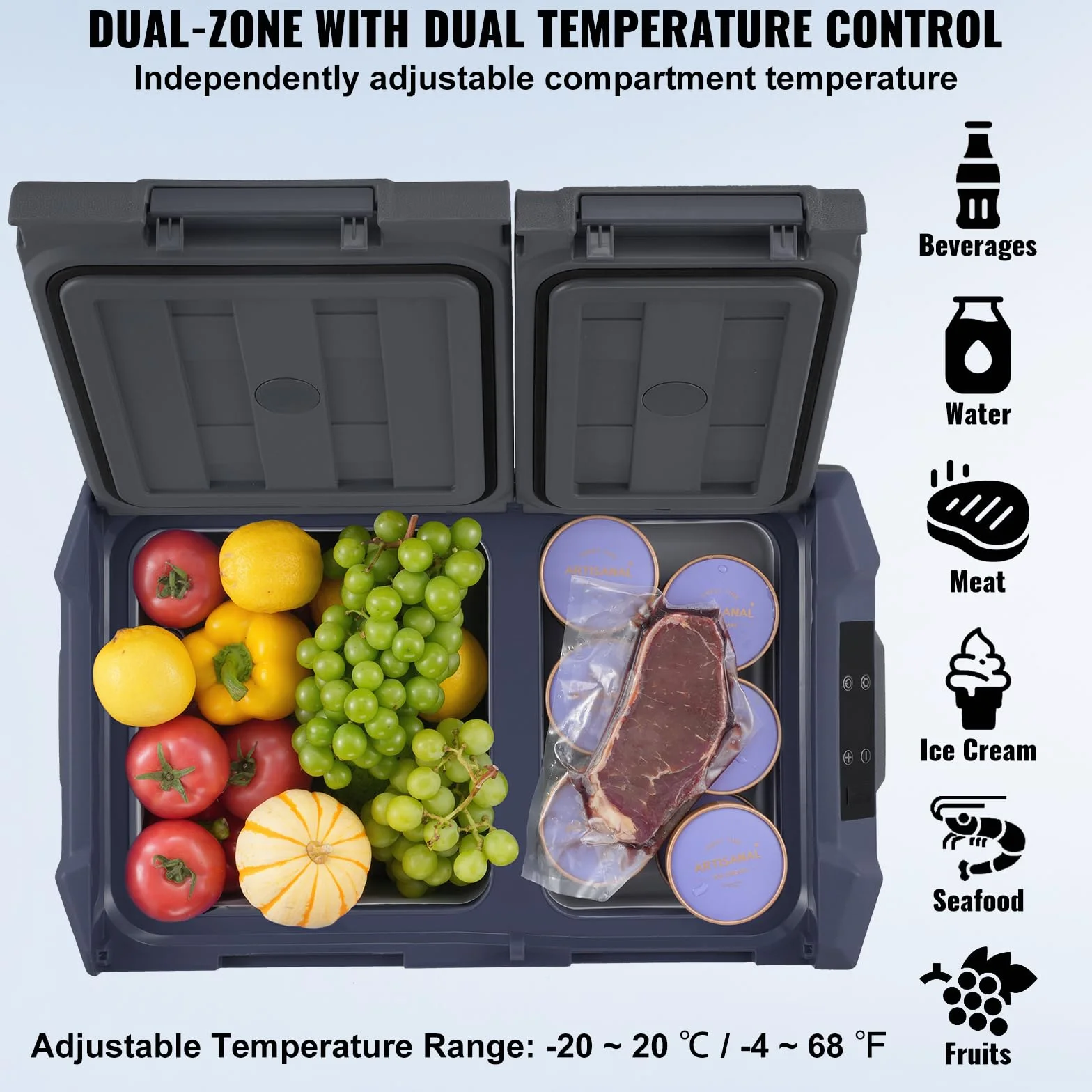 VEVOR NLS35, lodówka samochodowa 12 V, 25 l (26,4 qt), dwustrefowa przenośna zamrażarka, regulowany zakres 15.6 °C-20.0 °C, 12/24 V DC i 100-240 V AC kompresor chłodzący na zewnątrz, kemping, kampera