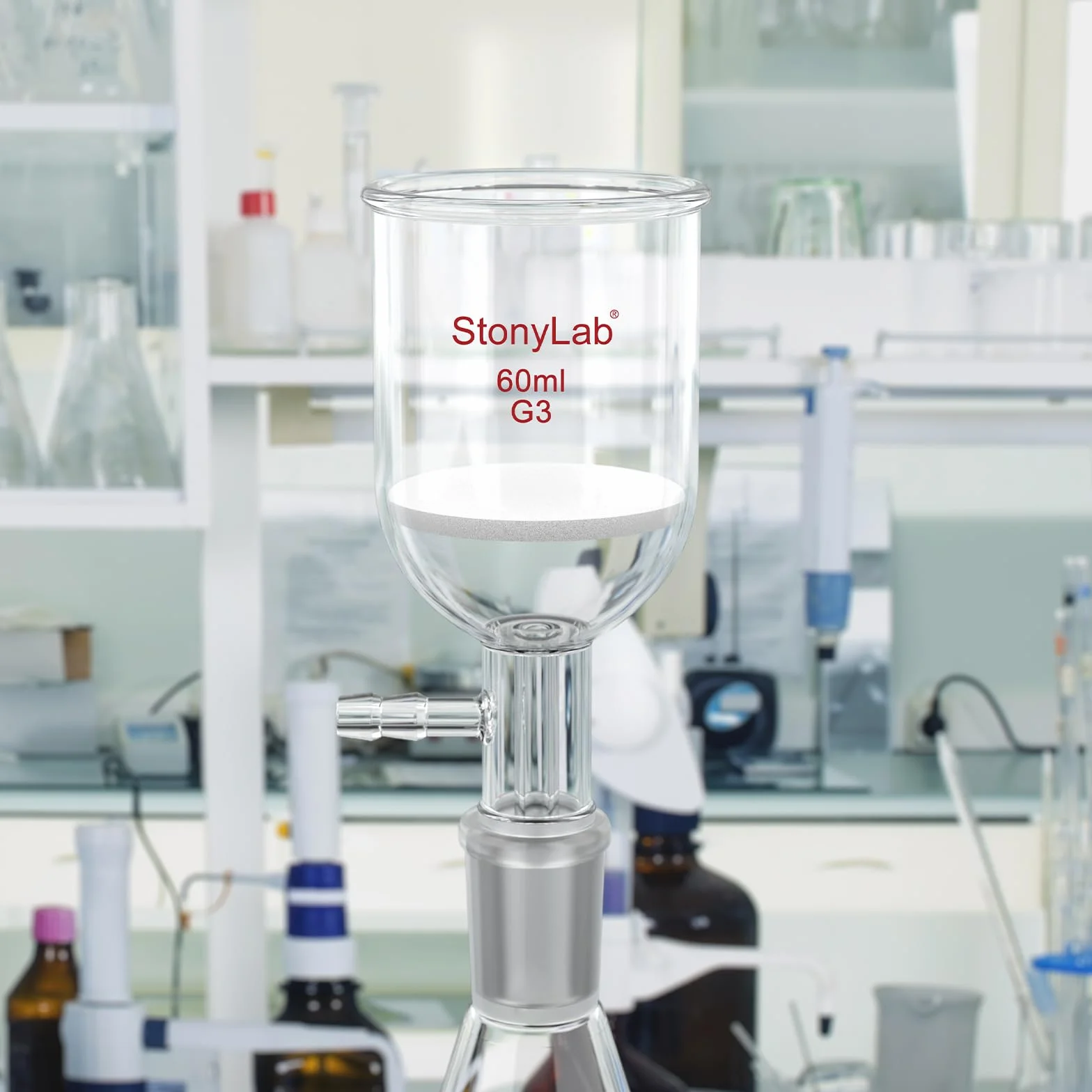 StonyLab Szklany lejek Buchner ze szkła borokrzemowego, próżniowy lejek filtrujący G3, średnica tarczy 46 mm, głębokość 60 mm, przegub 24/40, 60 ml