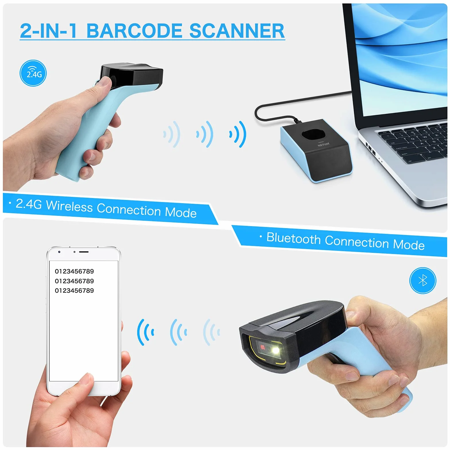NETUM DS7500 Bezprzewodowy skaner kodów kreskowych 2D Bluetooth, z podstawą i wbudowaną pamięcią, działa z systemami MAC OS, Windows, iOS, Android, transfery do 50 metrów