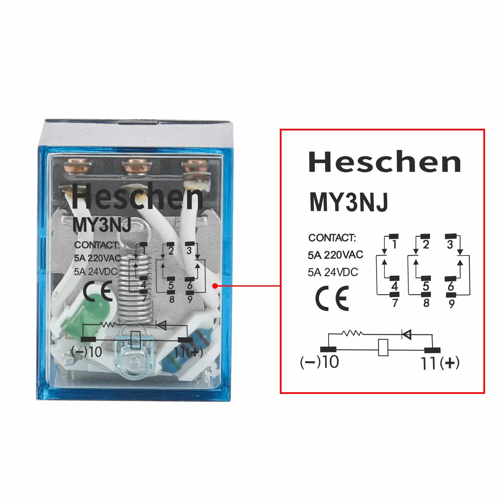 Heschen Gereral przekaźnik zasilający MY3NJ 12 V DC cewka 5 A 24 V DC/220 V AC 3PDT Wskaźnik LED 11-pinowy zacisk