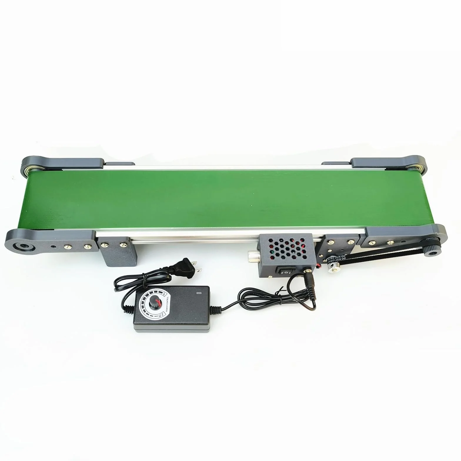 Przenośnik taśmowy biurkowy 50 cm, pas transportowy 10 x 50 cm, prędkość 1,8-7,6 cm/s, do przodu i tyłu, eksperyment naukowy