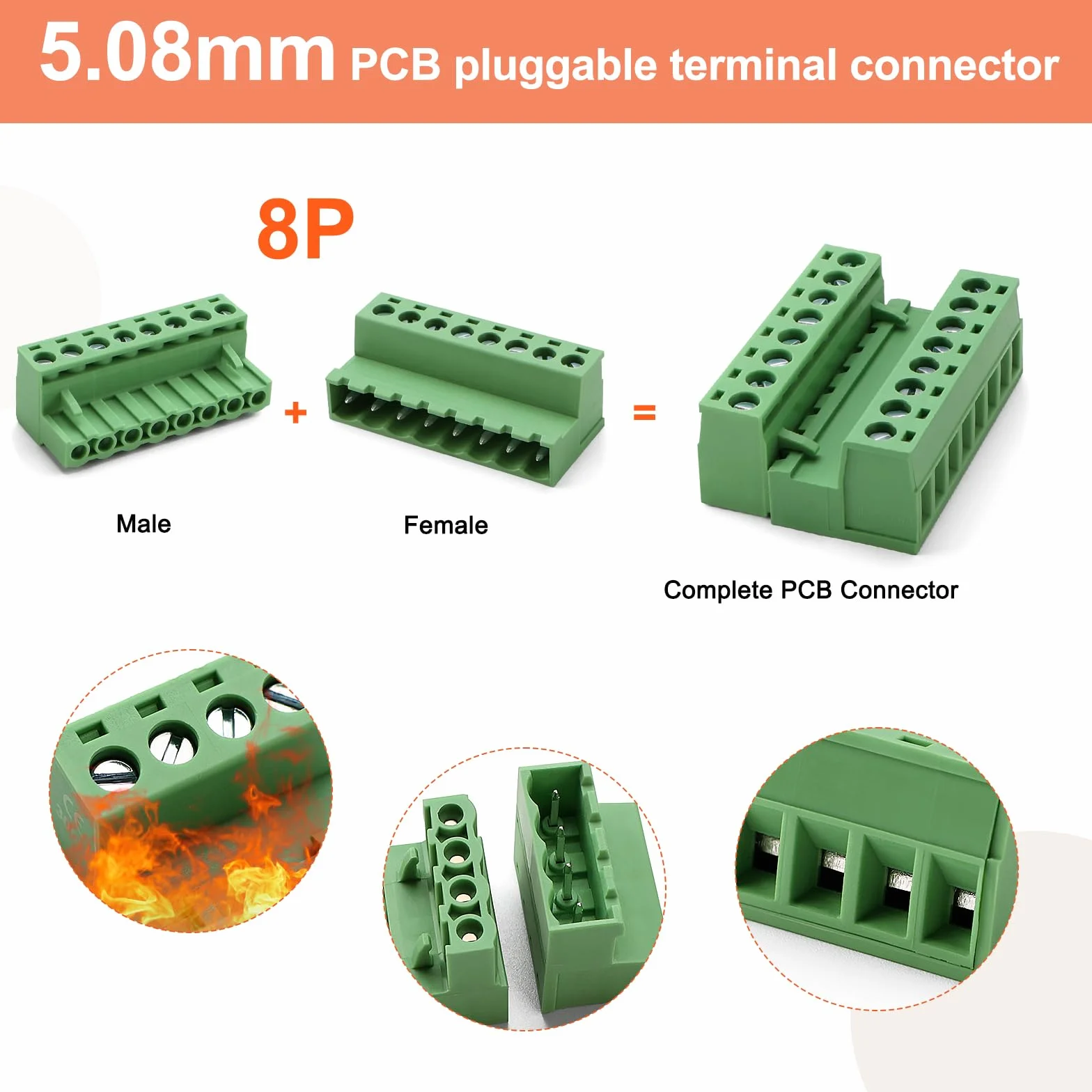 2 Zestawów 8-pinowych Wtykowych Zacisków Śrubowych 5.08mm 2EDGRK do PCB, 300V Bezlutowe Męskie Żeńskie Zaciski Śrubowe 5.08mm, do Okablowania PCB