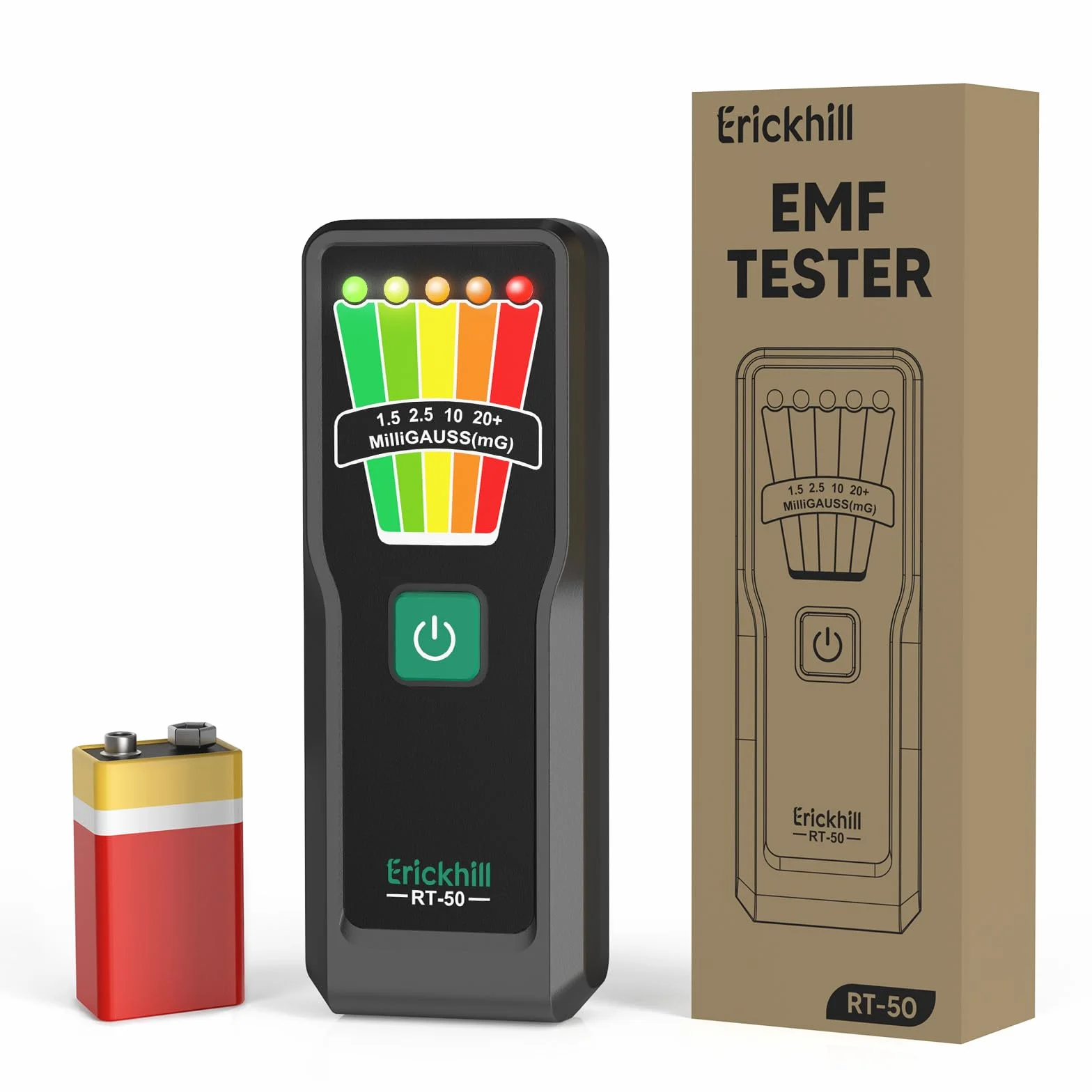 ERICKHILL Ręczny miernik EMF, detektor pola elektromagnetycznego 30Hz–20kHz, 5-stopniowe ostrzeżenia LED