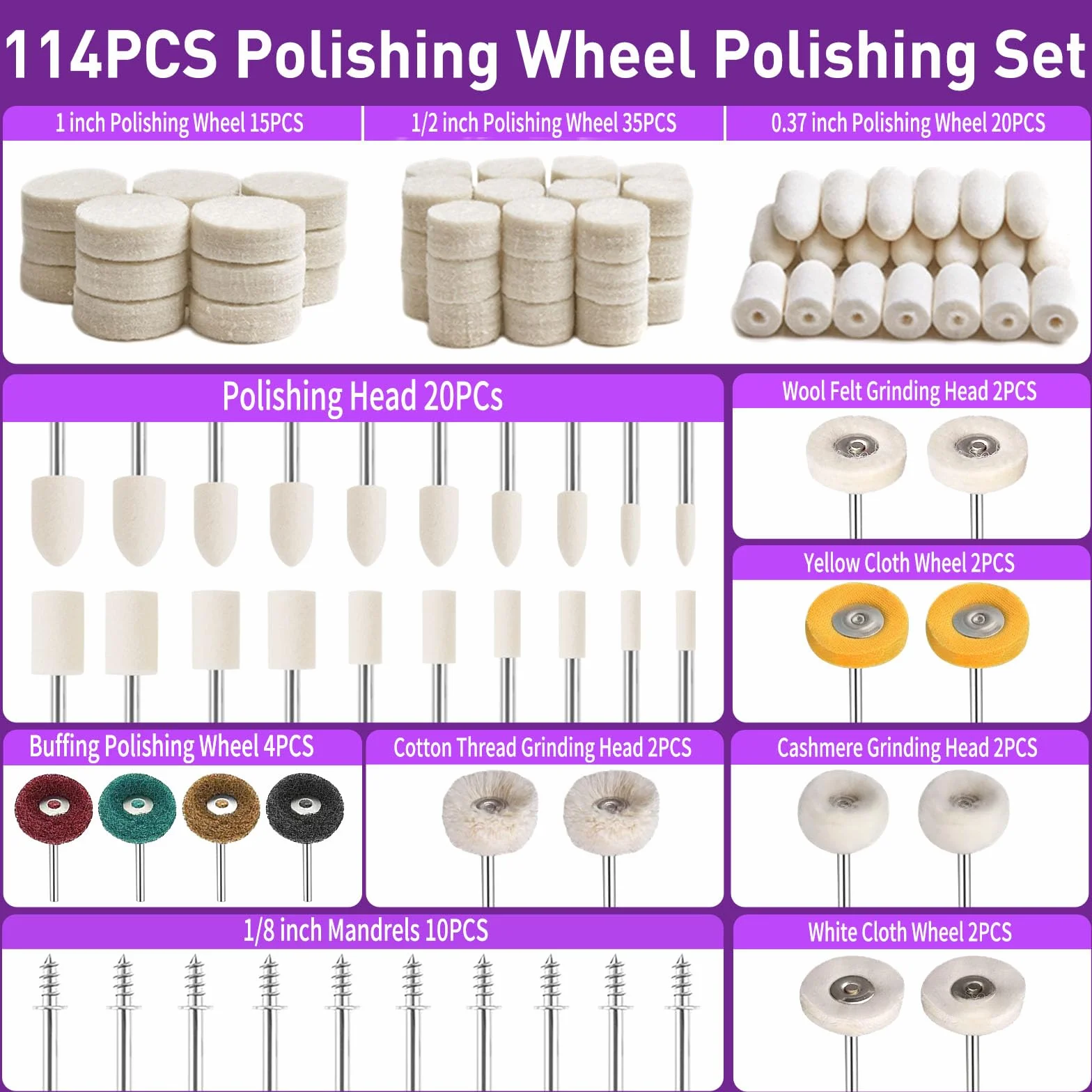 114 sztuk tarcz polerskich z filcu wełnianego, nasadki polerskie srebrne, filc wełniany, zestaw do polerowania z 2 pastami polerskimi, trzpień 3 mm, akcesoria do polerowania, odpowiednie do