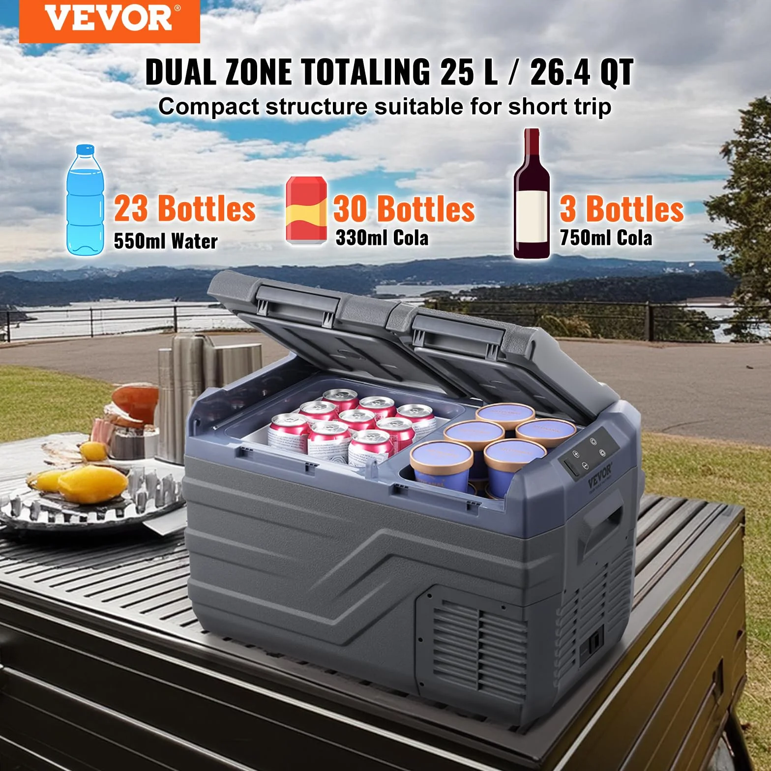 VEVOR NLS35, lodówka samochodowa 12 V, 25 l (26,4 qt), dwustrefowa przenośna zamrażarka, regulowany zakres 15.6 °C-20.0 °C, 12/24 V DC i 100-240 V AC kompresor chłodzący na zewnątrz, kemping, kampera