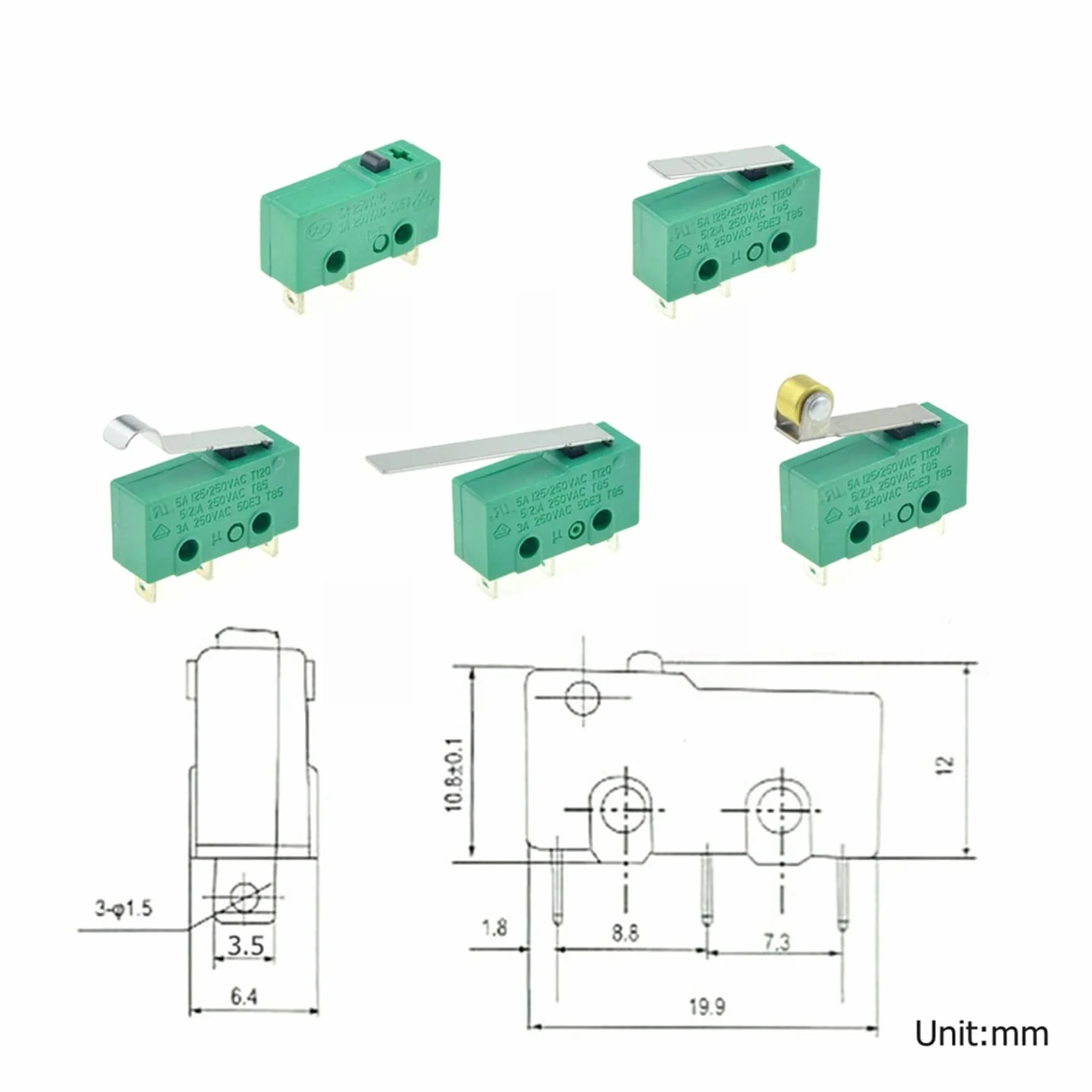 Wyłącznik krańcowy 1 szt. mikroprzełączniki krańcowe 3-pinowe NO+NC SPDT 3A/5A 250VAC mini mikroprzełącznik 17 mm 29 mm długi łuk dźwignia rolkowa mikroprzełączniki (kolor: dźwignia rolkowa)