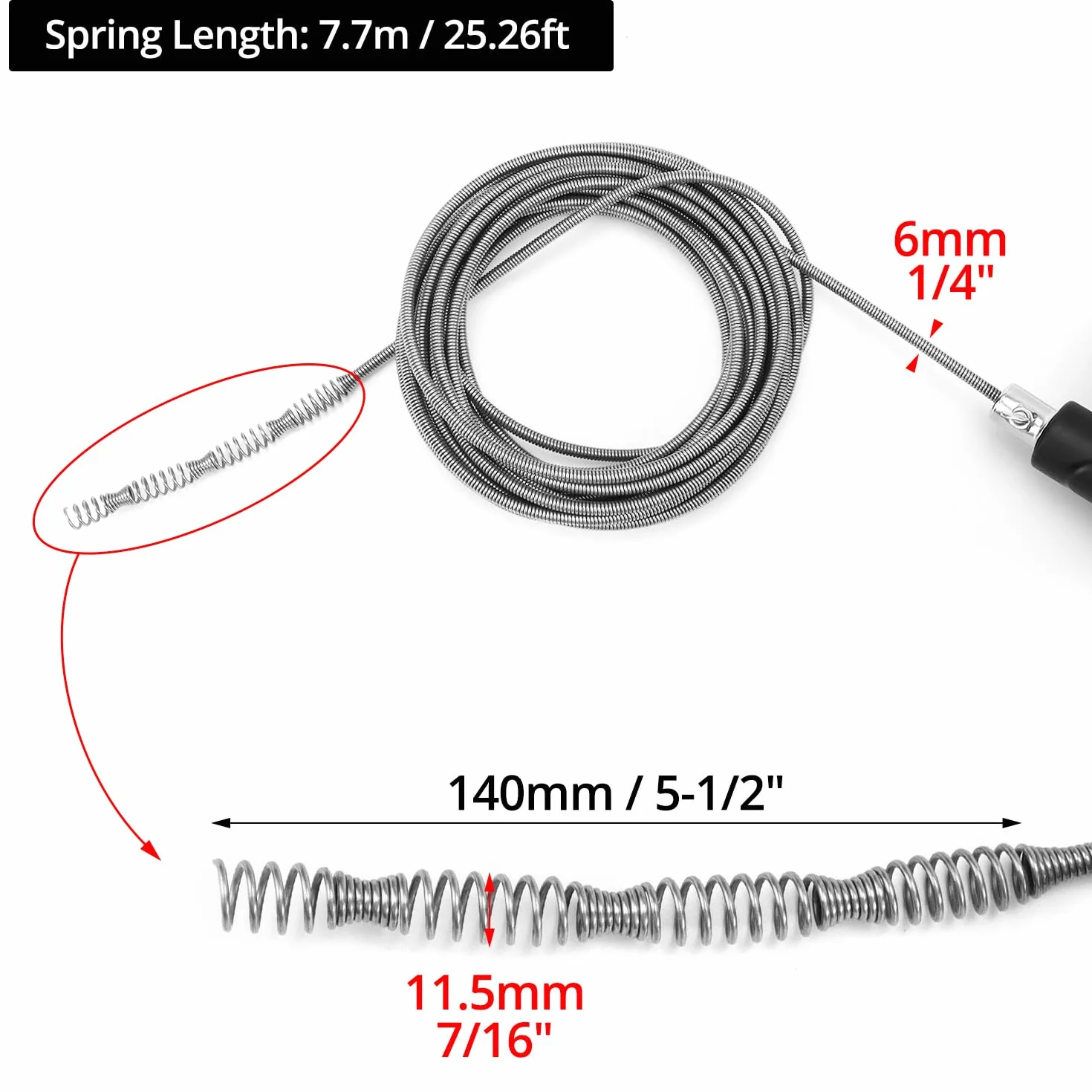 QWORK® Spirala do czyszczenia rur 7,6 m ze stalowym środkiem do usuwania zatykania (90 cm) i narzędziem wielofunkcyjnym (52 cm) – elastyczny środek do czyszczenia odpływów do łazienki i kuchni