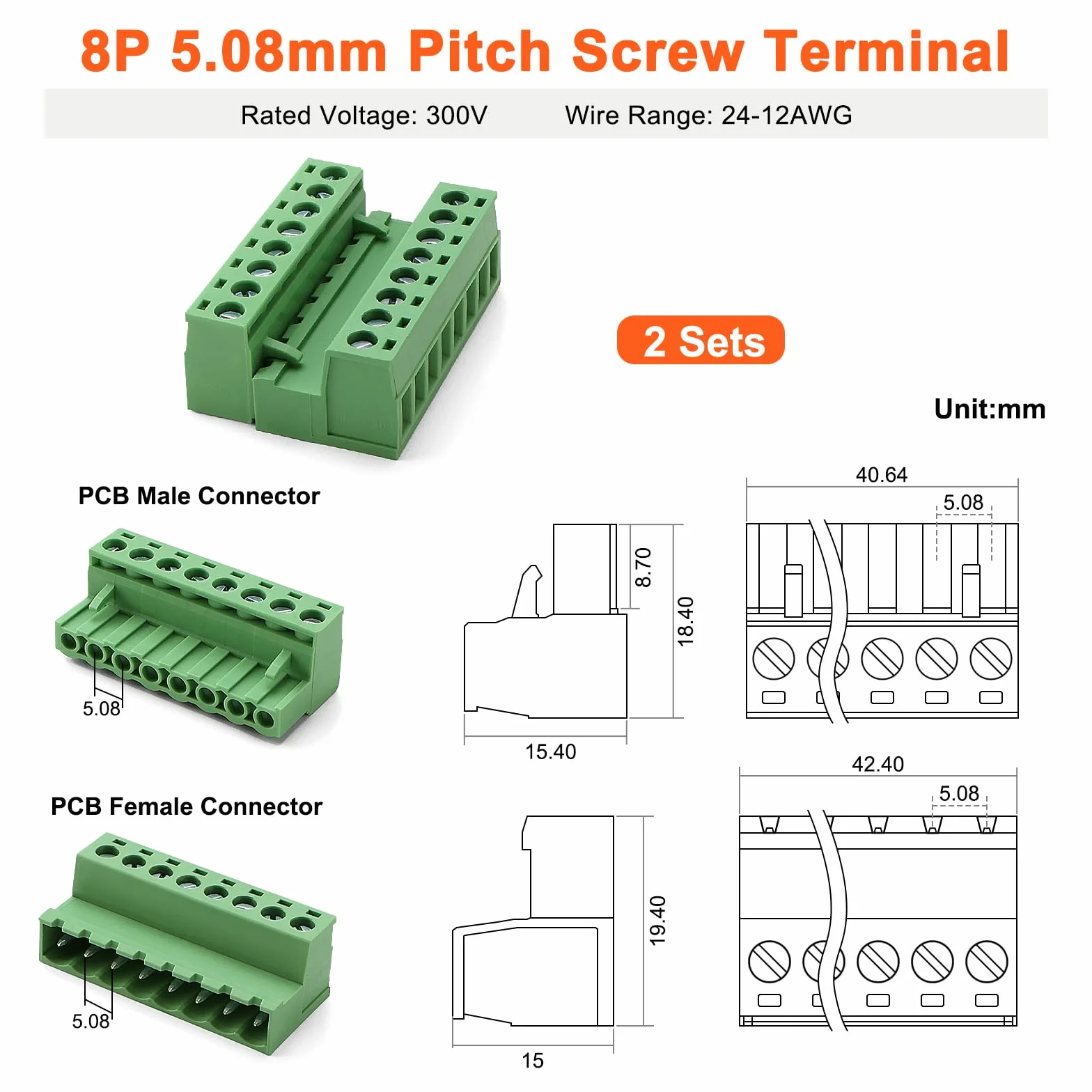 2 Zestawów 8-pinowych Wtykowych Zacisków Śrubowych 5.08mm 2EDGRK do PCB, 300V Bezlutowe Męskie Żeńskie Zaciski Śrubowe 5.08mm, do Okablowania PCB